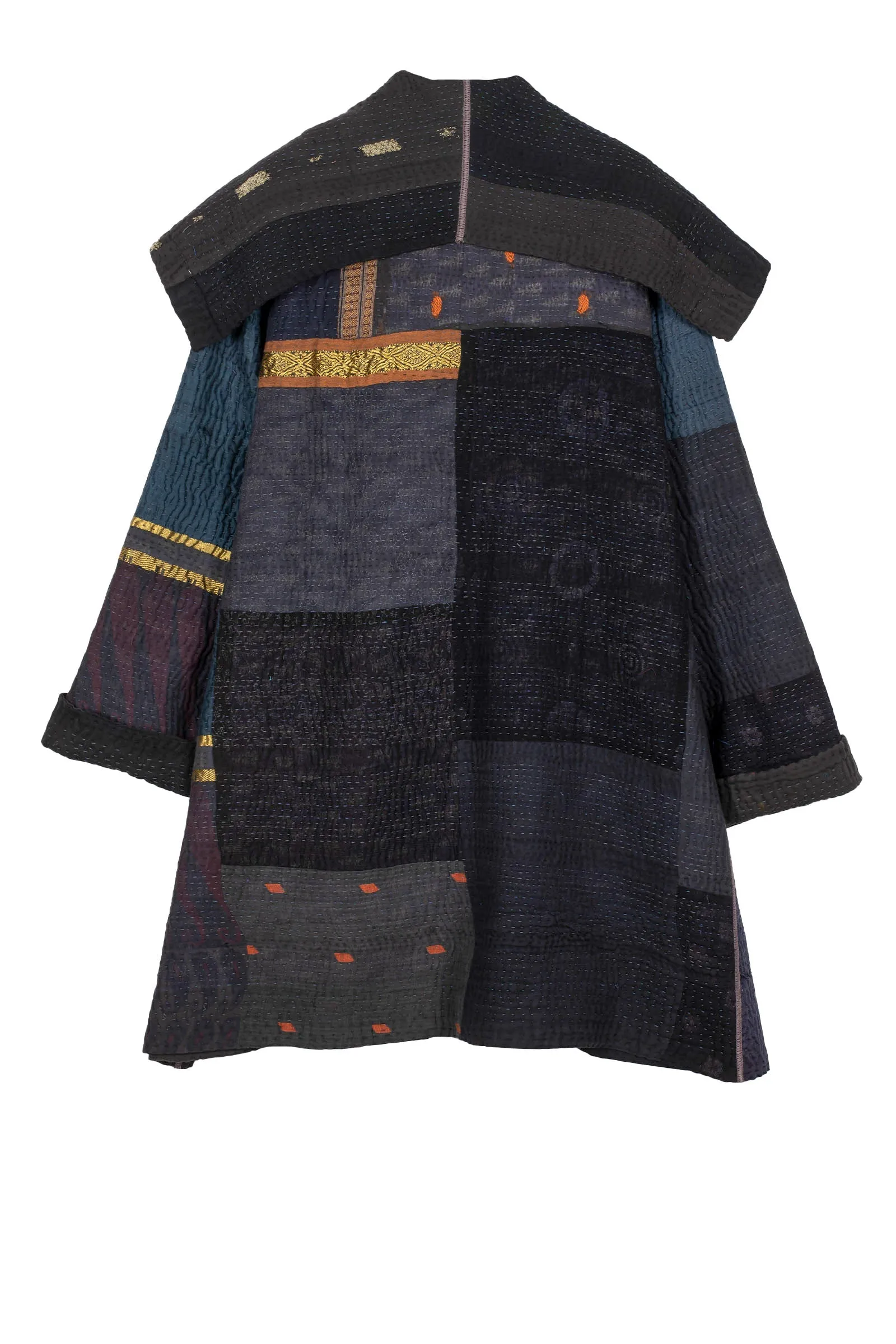 COTTON SILK SW PATCH KANTHA POCKET COAT - ws4301-blk -