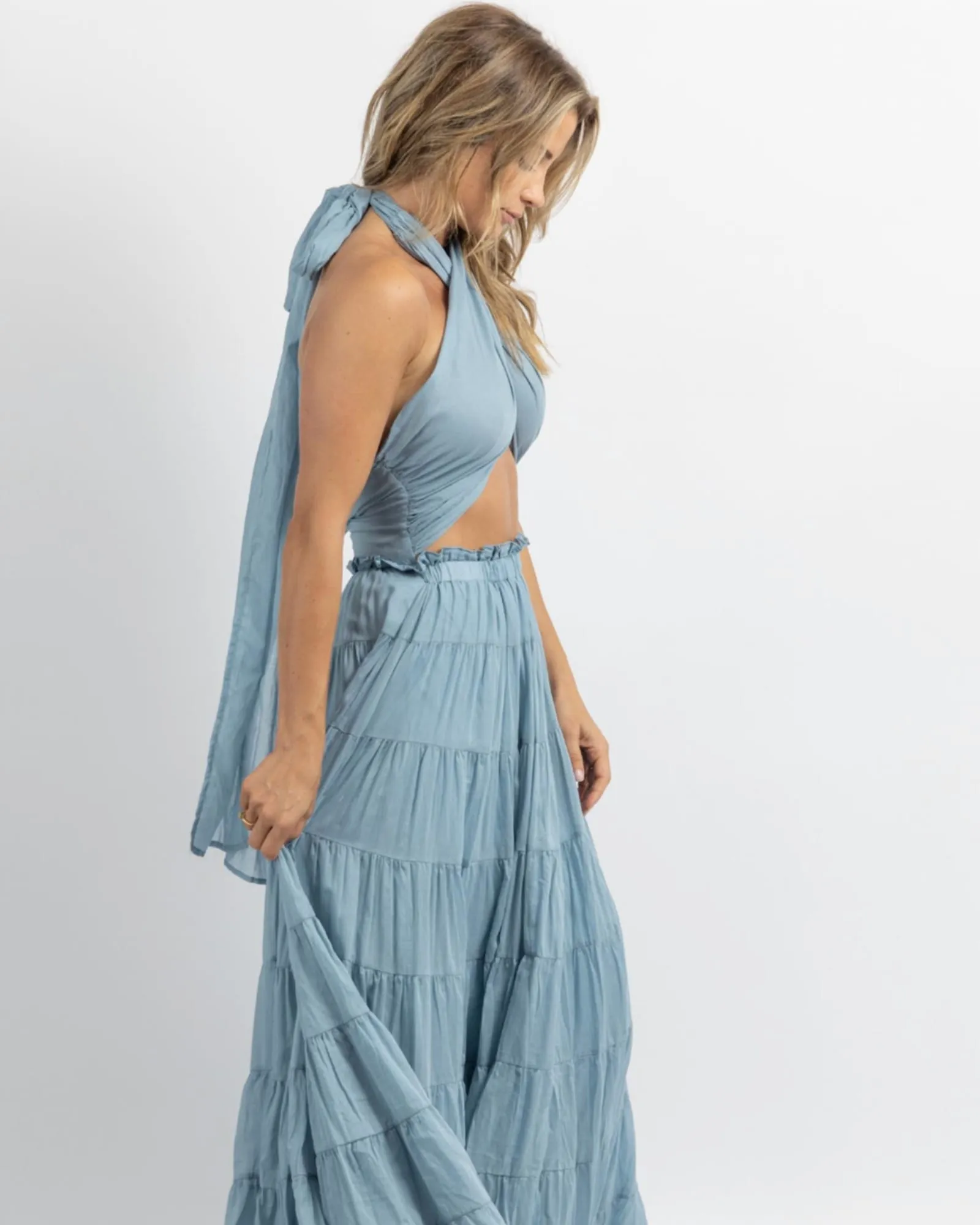 Crossover Tie Tiered Maxi Dress In Azul | Azul