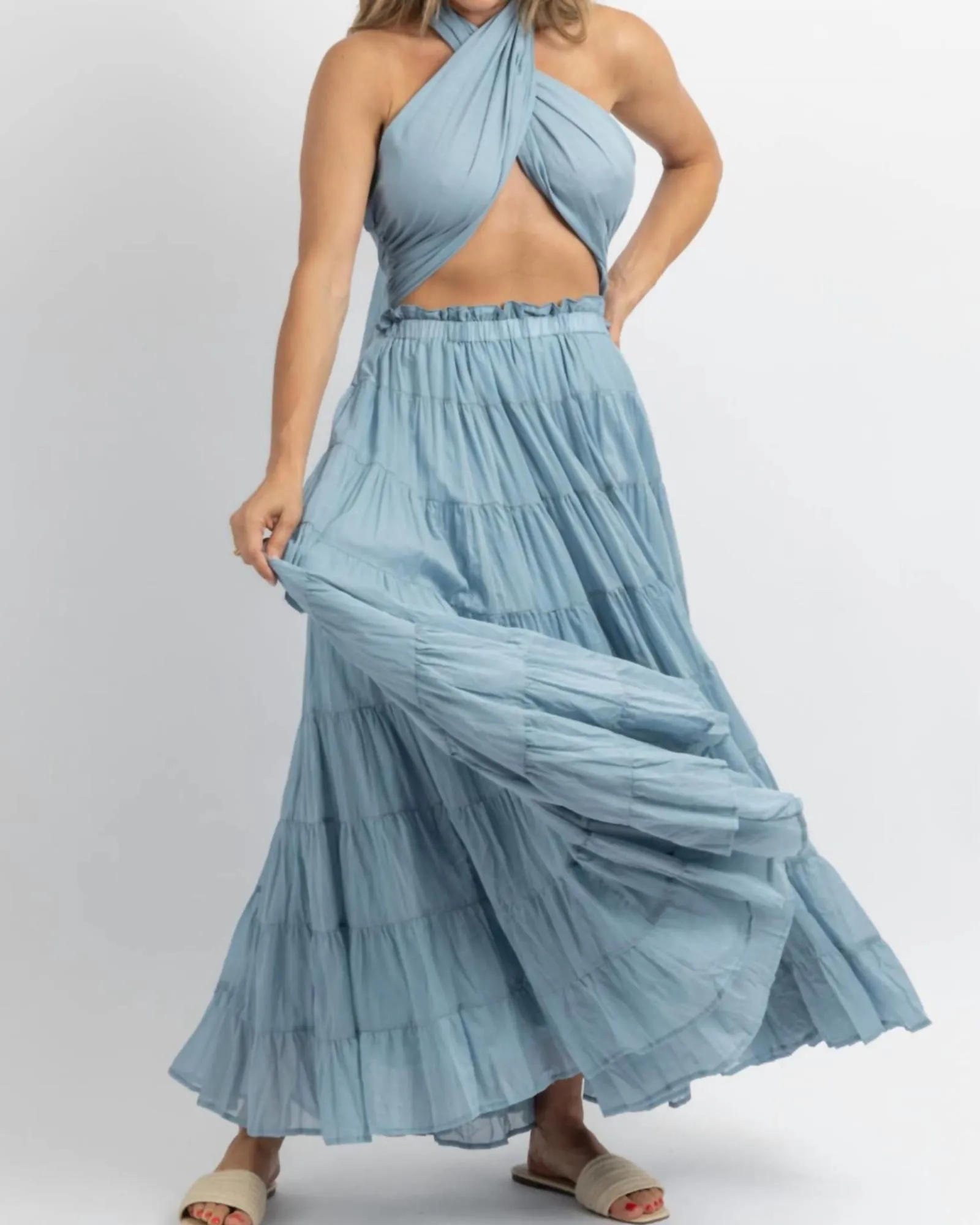 Crossover Tie Tiered Maxi Dress In Azul | Azul