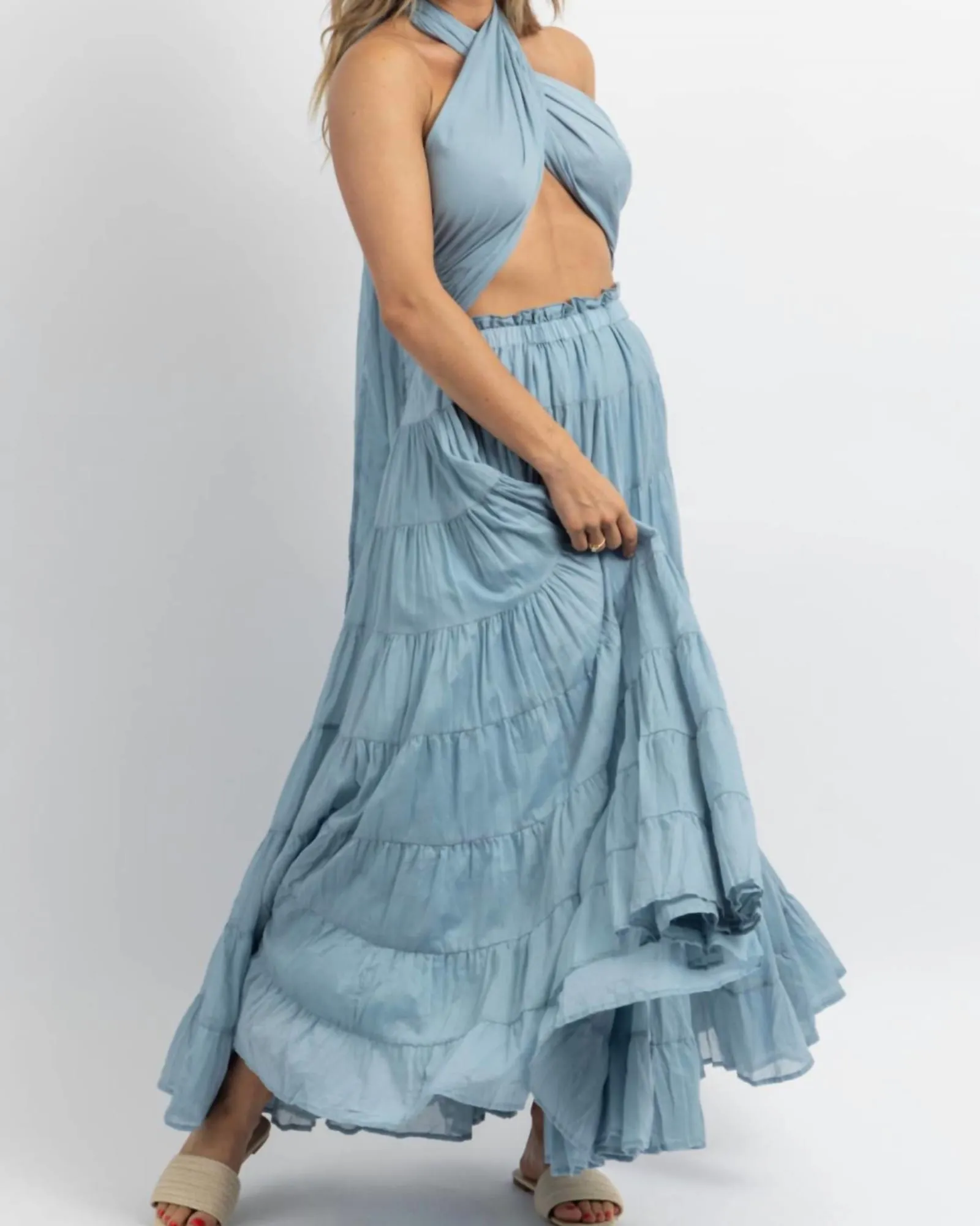 Crossover Tie Tiered Maxi Dress In Azul | Azul