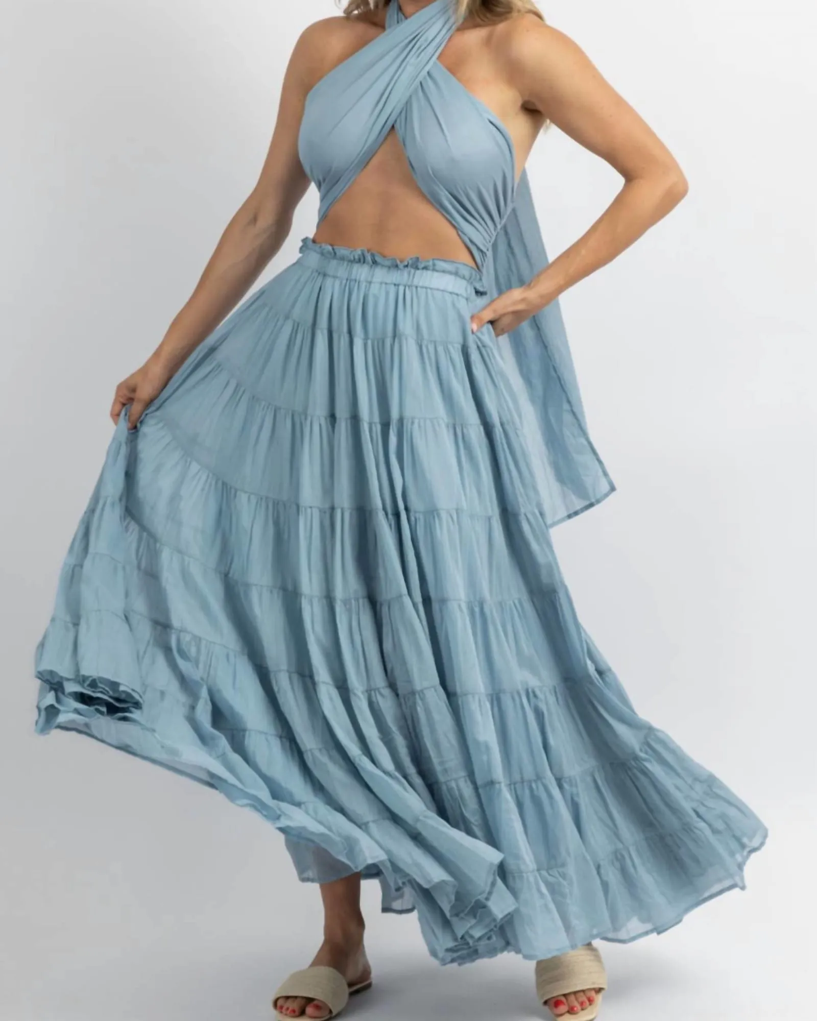 Crossover Tie Tiered Maxi Dress In Azul | Azul