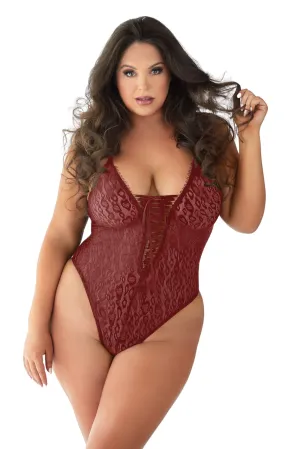 Curvy Burgundy Leopard Lace Teddy