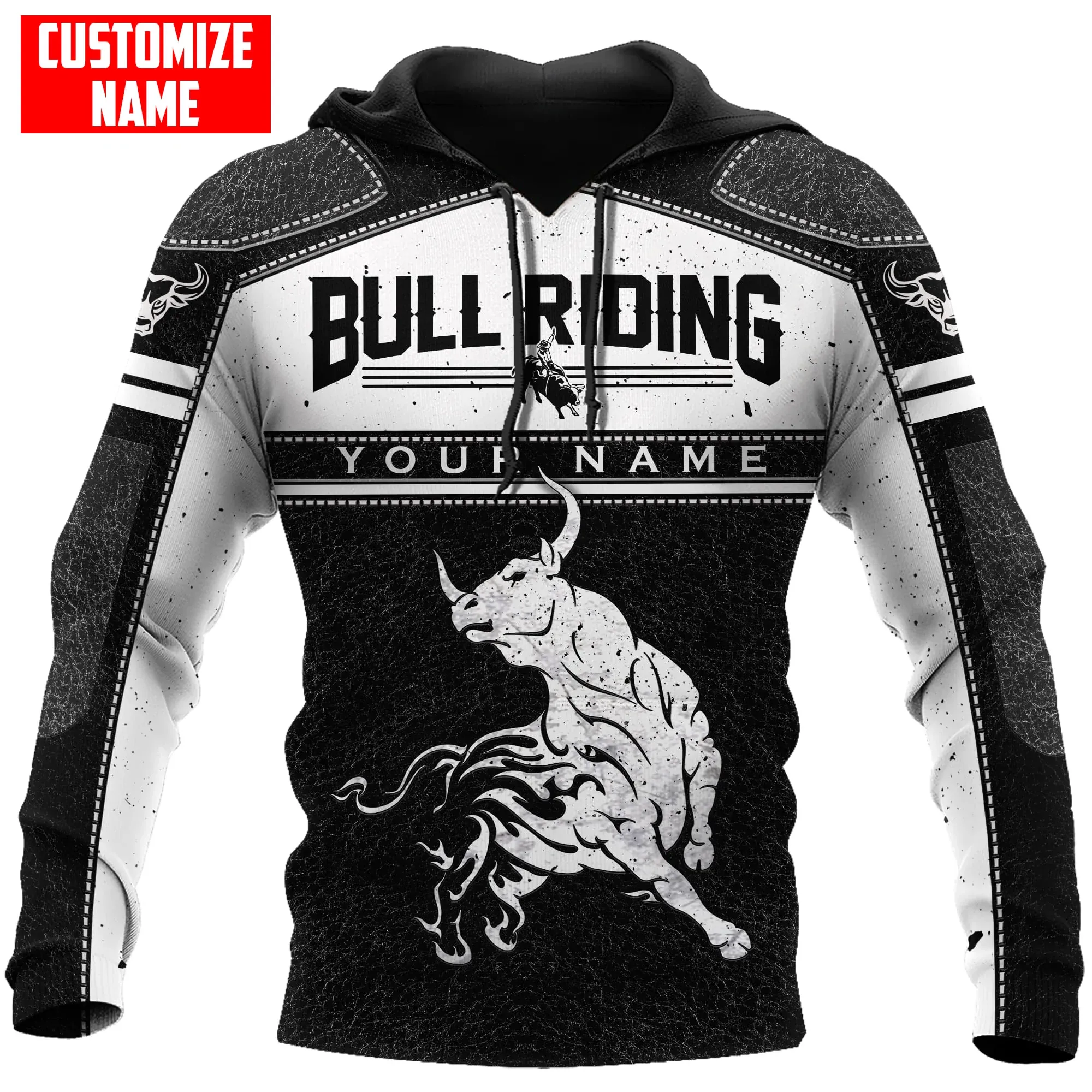 Custom Name Black And White Bull Riding Hoodie For Men And Women