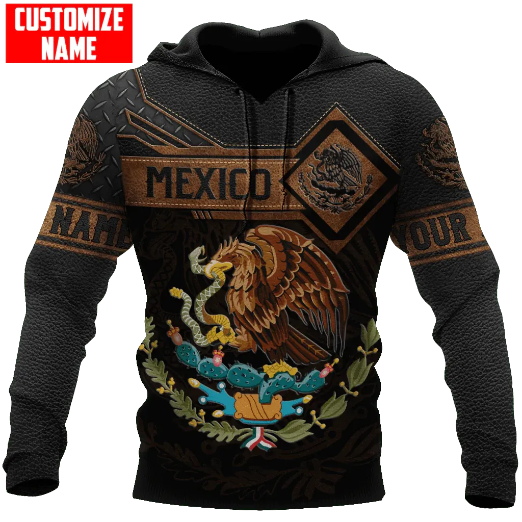 Custom Name Mexico Hoodie Leather Pattern Snake Eagle Mexican Hoodies