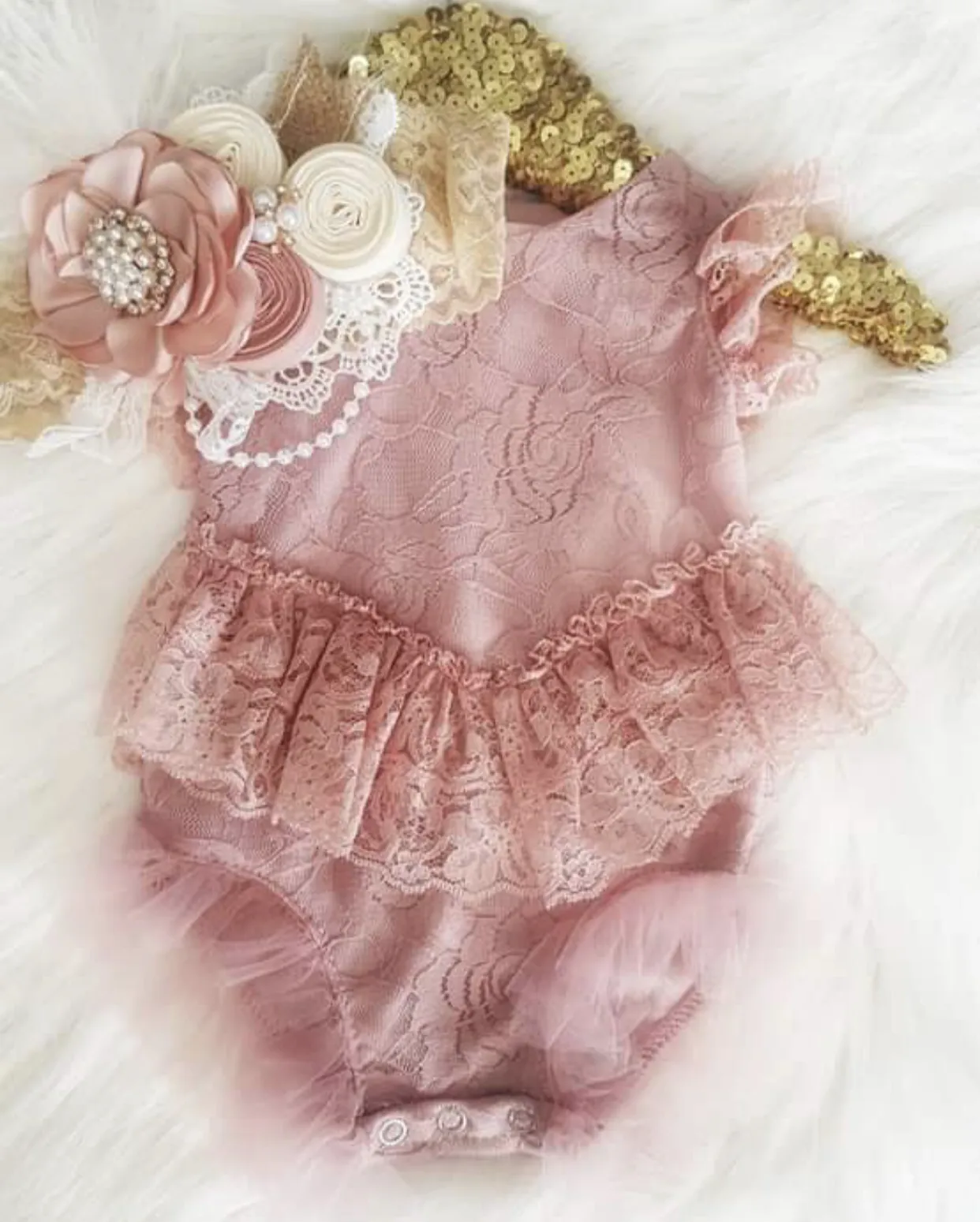 DUSTY ROSE - Kryssi Kouture Exclusive Girls Elizabeth Dusty Rose Lace Ruffle Romper