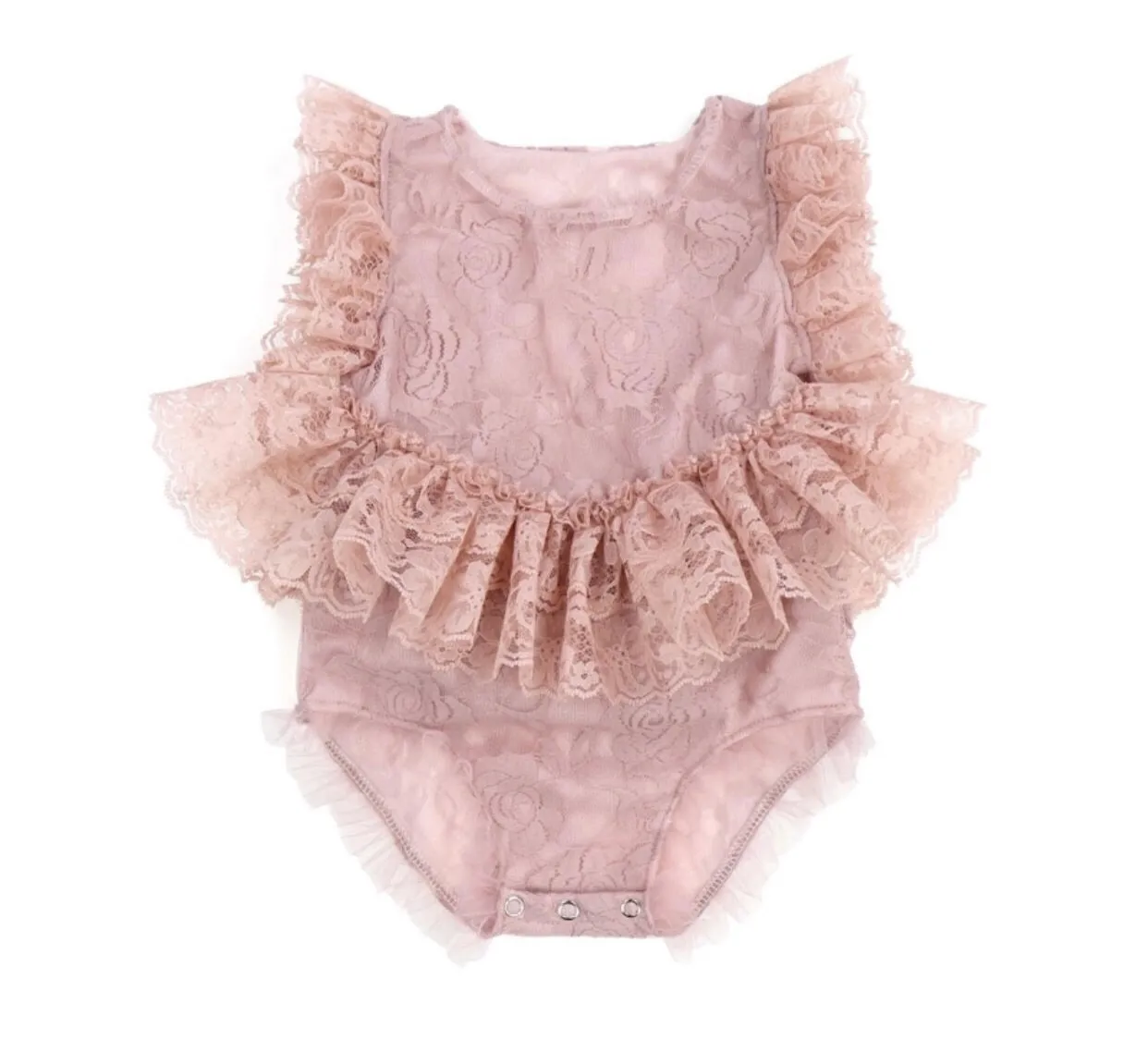 DUSTY ROSE - Kryssi Kouture Exclusive Girls Elizabeth Dusty Rose Lace Ruffle Romper