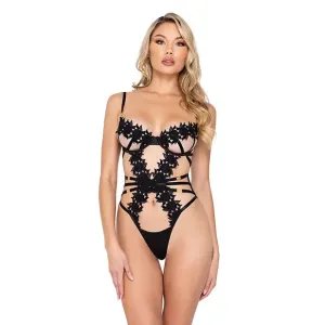 Ebony Rose Floral Guipure Lace Trim Teddy Black