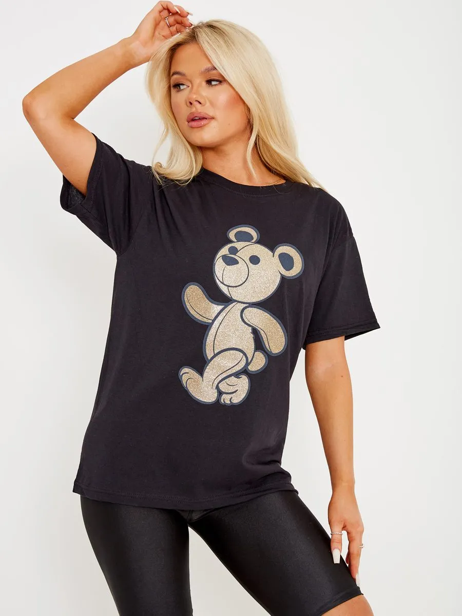 Ellise Gold Glitter Detail Teddy Printed T-Shirt In Black