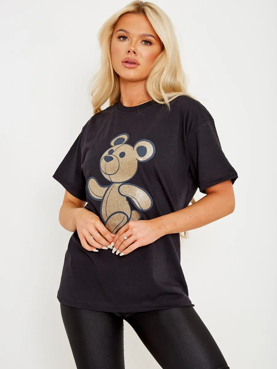 Ellise Gold Glitter Detail Teddy Printed T-Shirt In Black