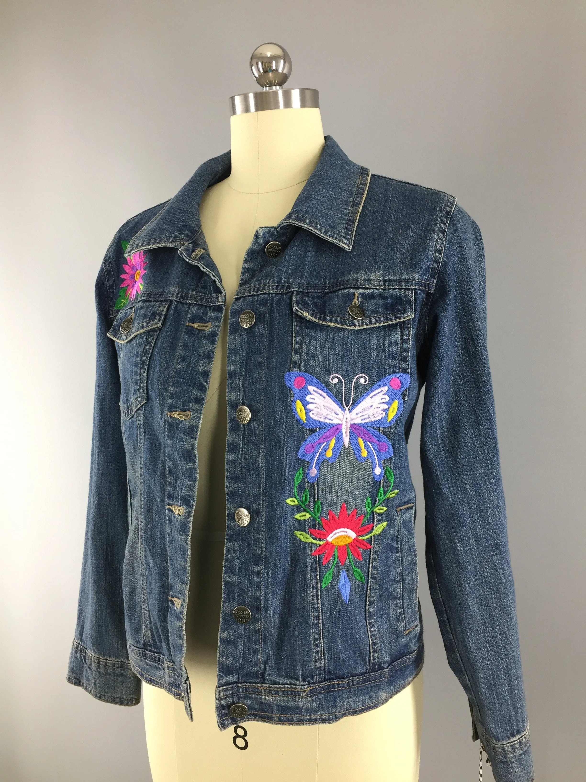 Embroidered Denim Jacket / Butterfly Birds Floral Folk Embroidery