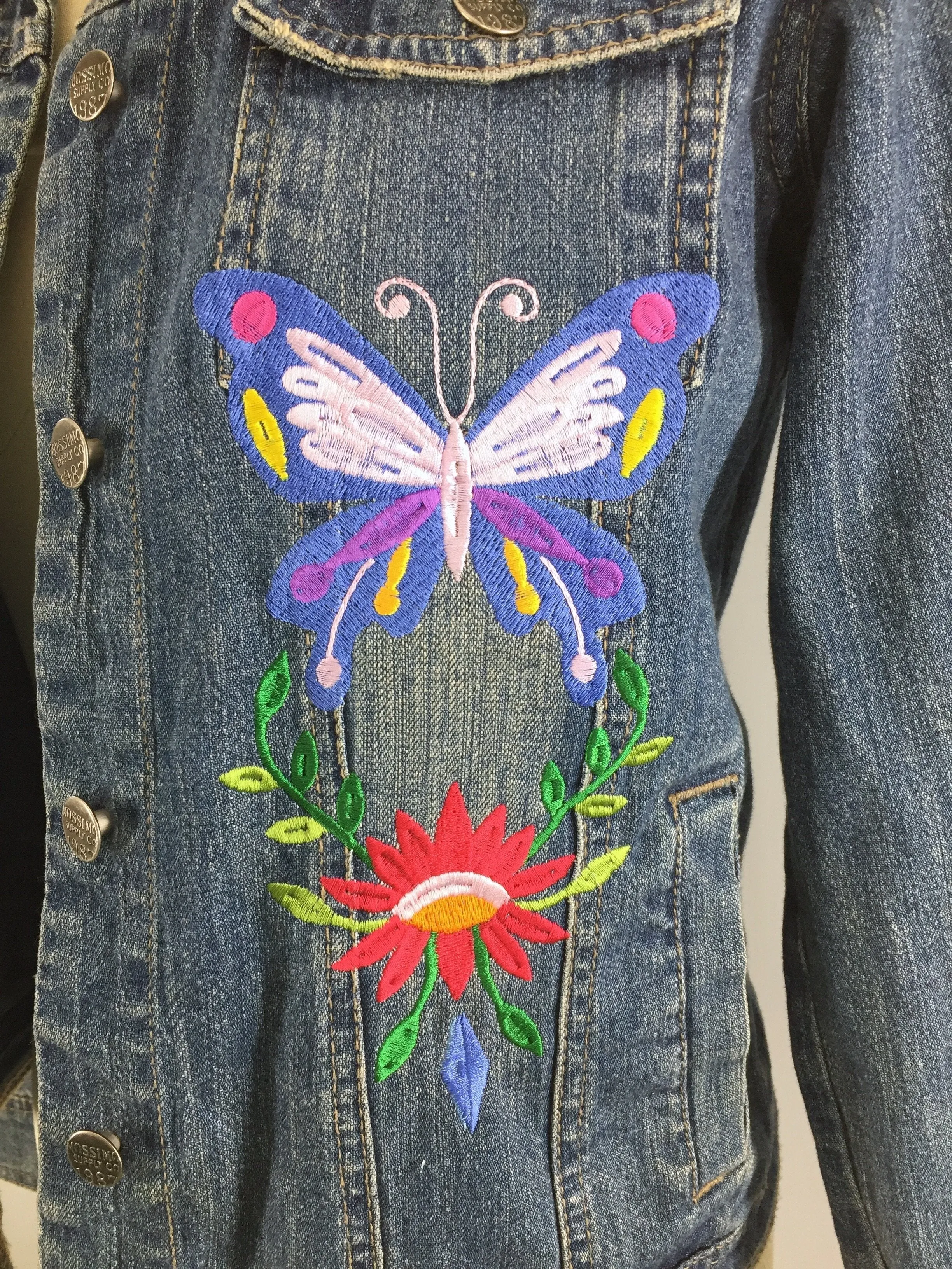 Embroidered Denim Jacket / Butterfly Birds Floral Folk Embroidery