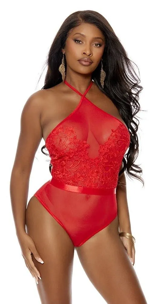 Embroidered Front Mesh Teddy with Halter Neck