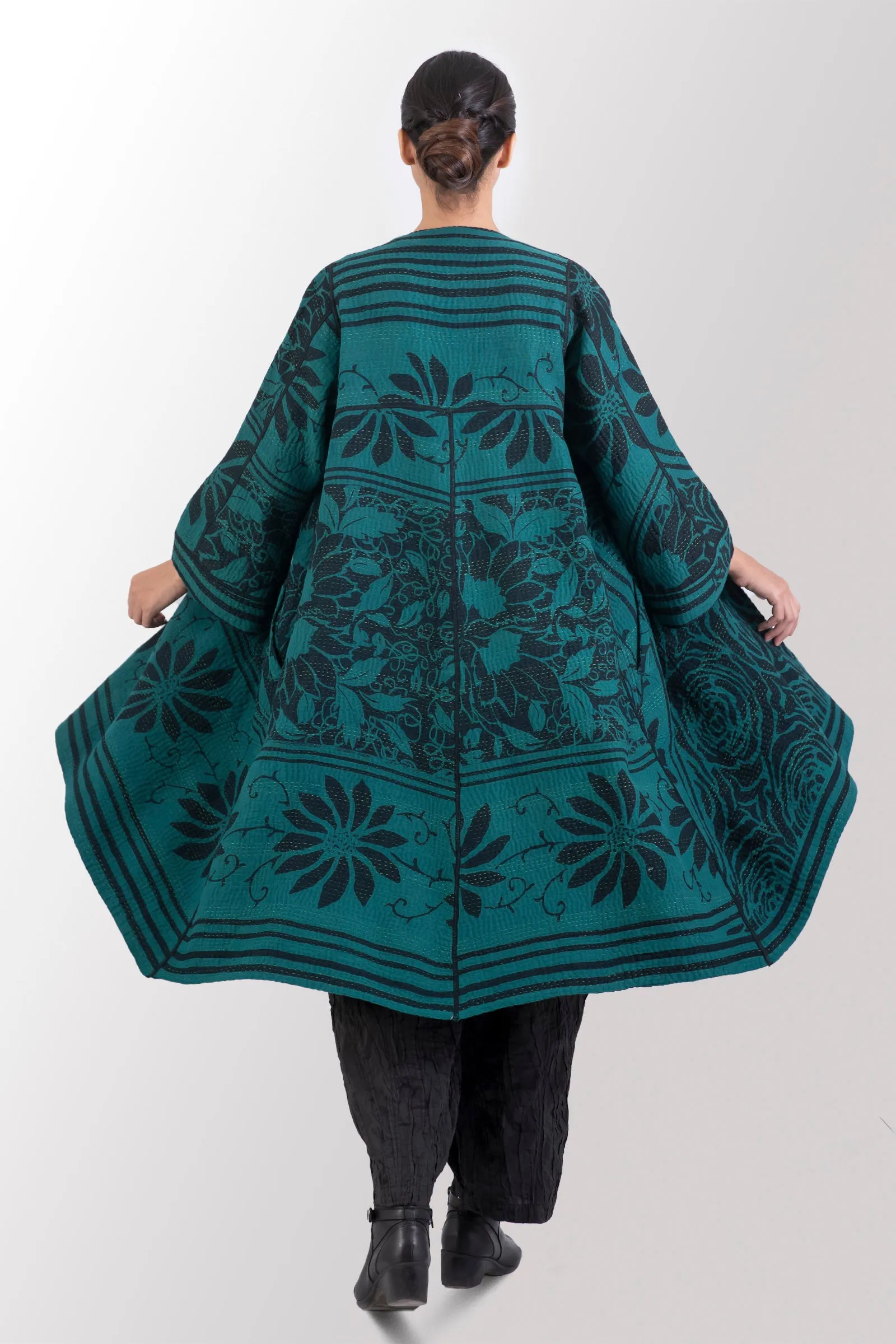 EMERALD GREEN KANTHA WRAP FLARE COAT - eg4330-tel -