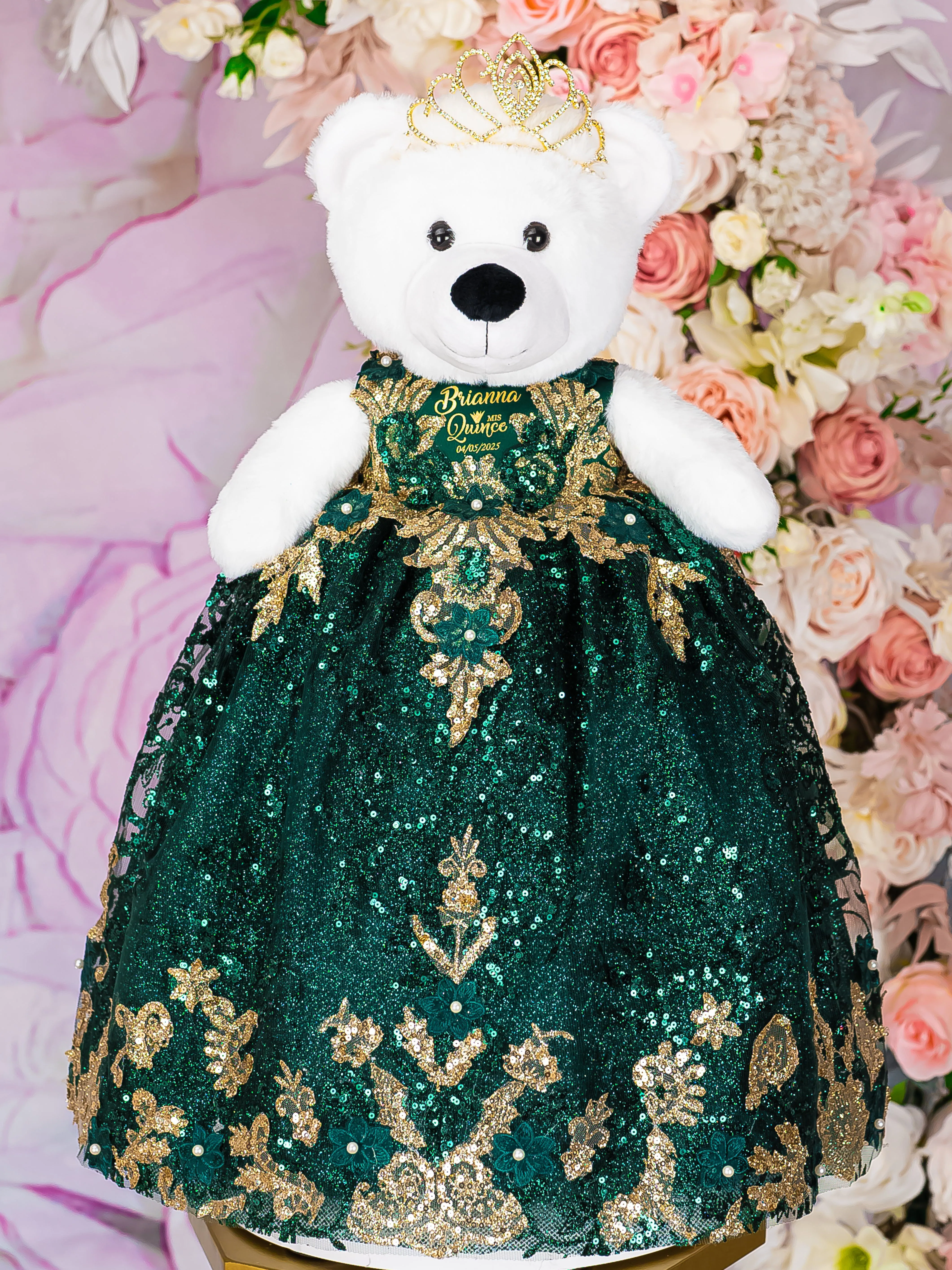 Emerald green with gold last teddy bear for quinceanera