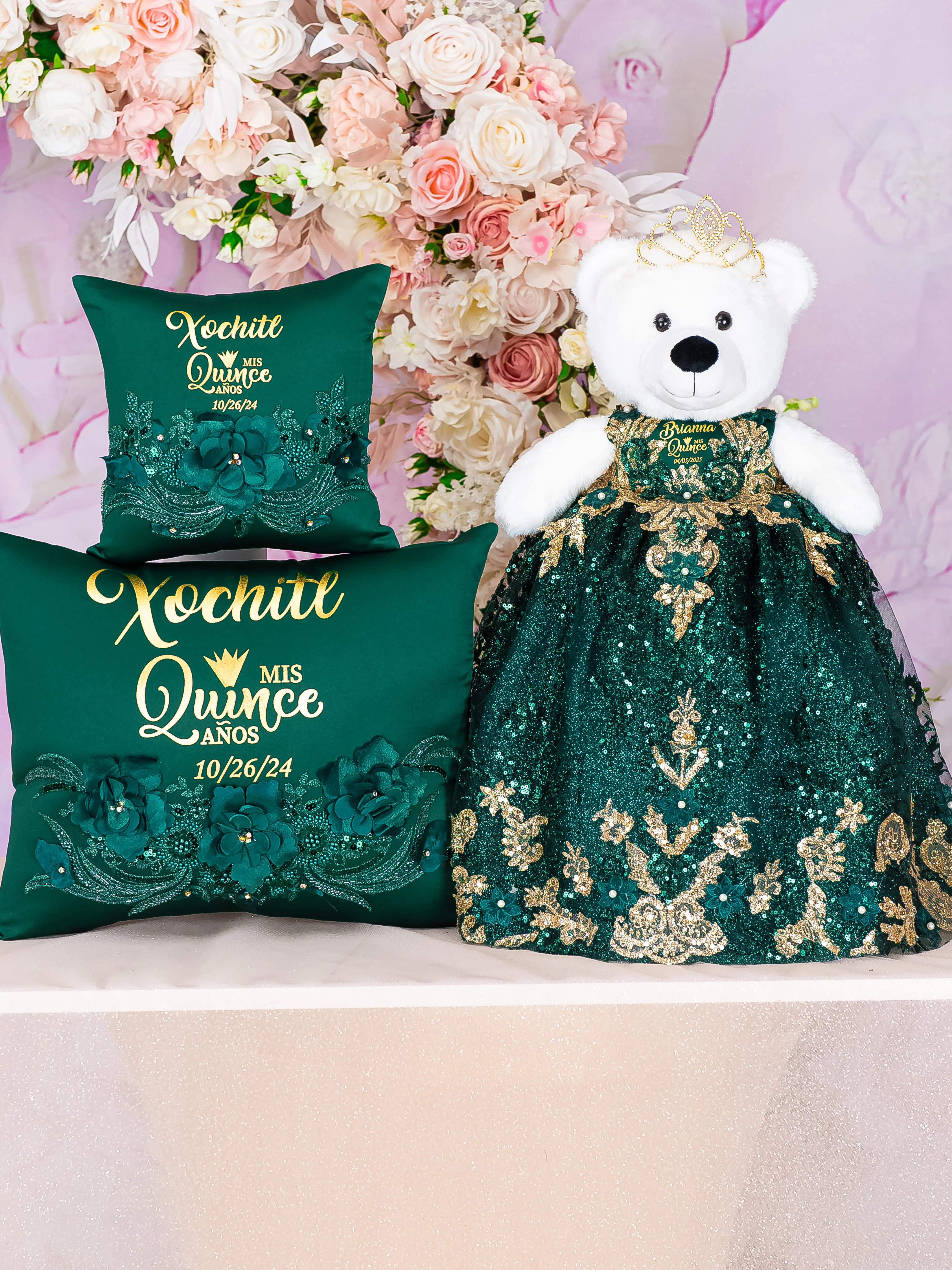 Emerald green with gold last teddy bear for quinceanera