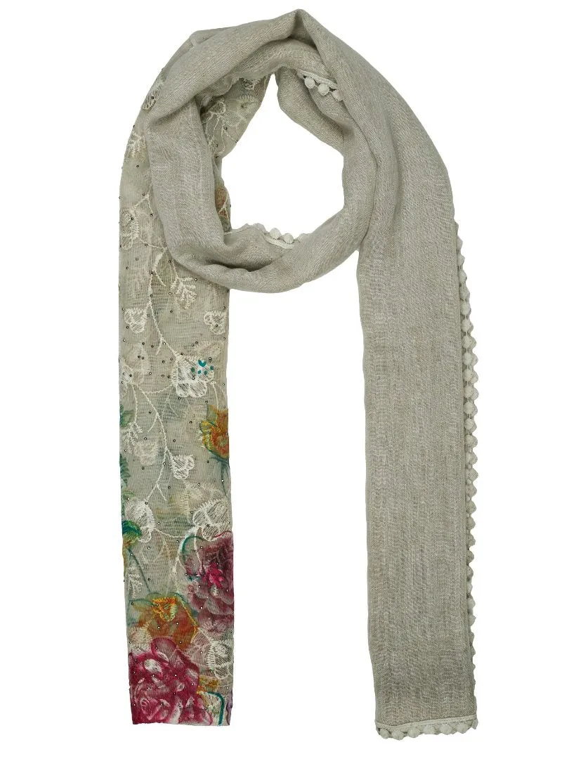 FabSeasons Beign Cotton Stylish Scarf with Floral Embroidery for Women