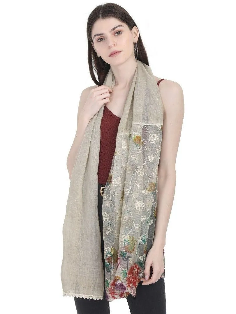 FabSeasons Beign Cotton Stylish Scarf with Floral Embroidery for Women