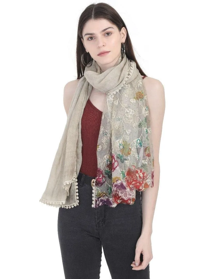 FabSeasons Beign Cotton Stylish Scarf with Floral Embroidery for Women