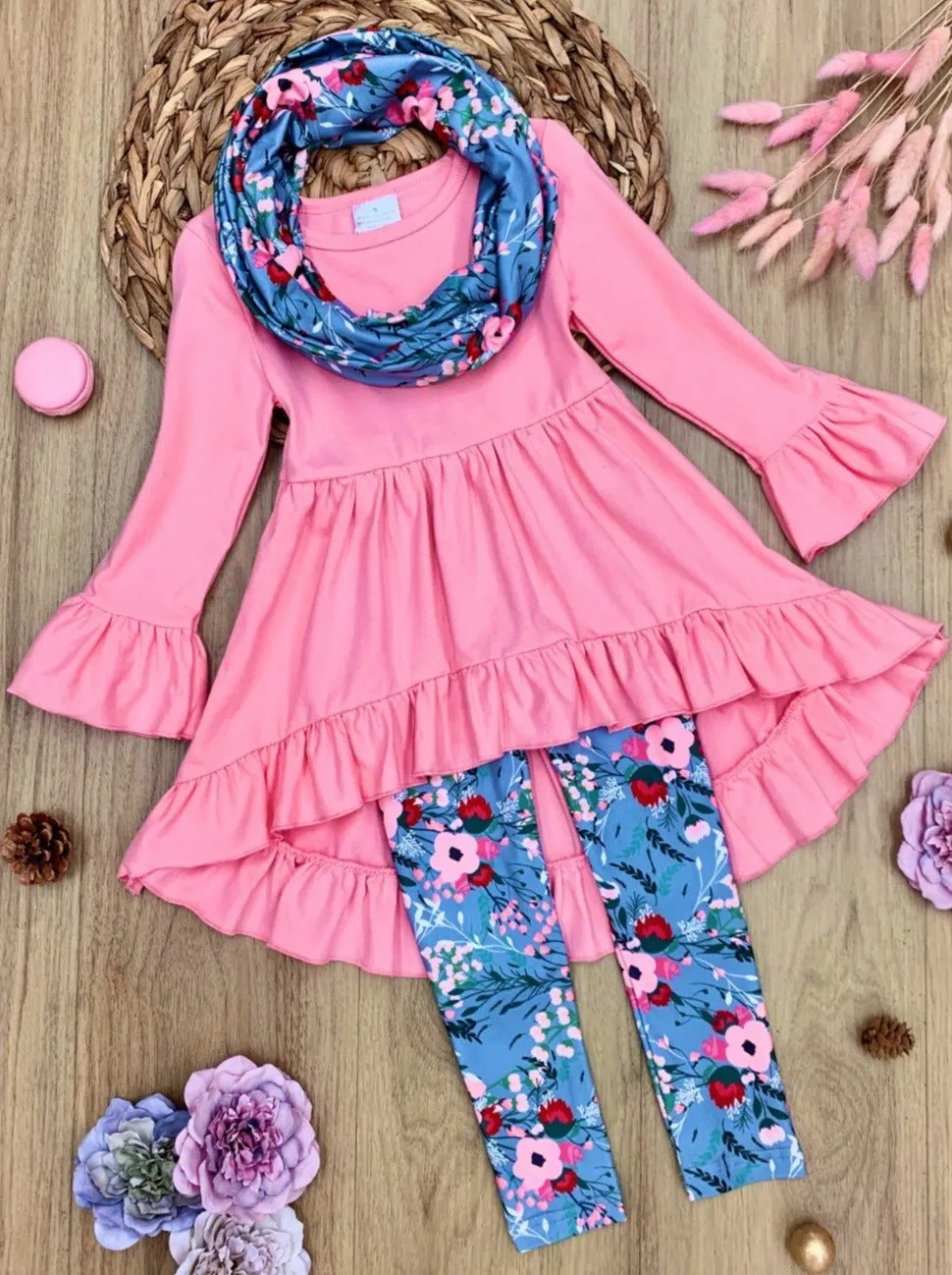 Flawless Hi-Lo Ruffle Tunic, Floral Leggings And Scarf Set