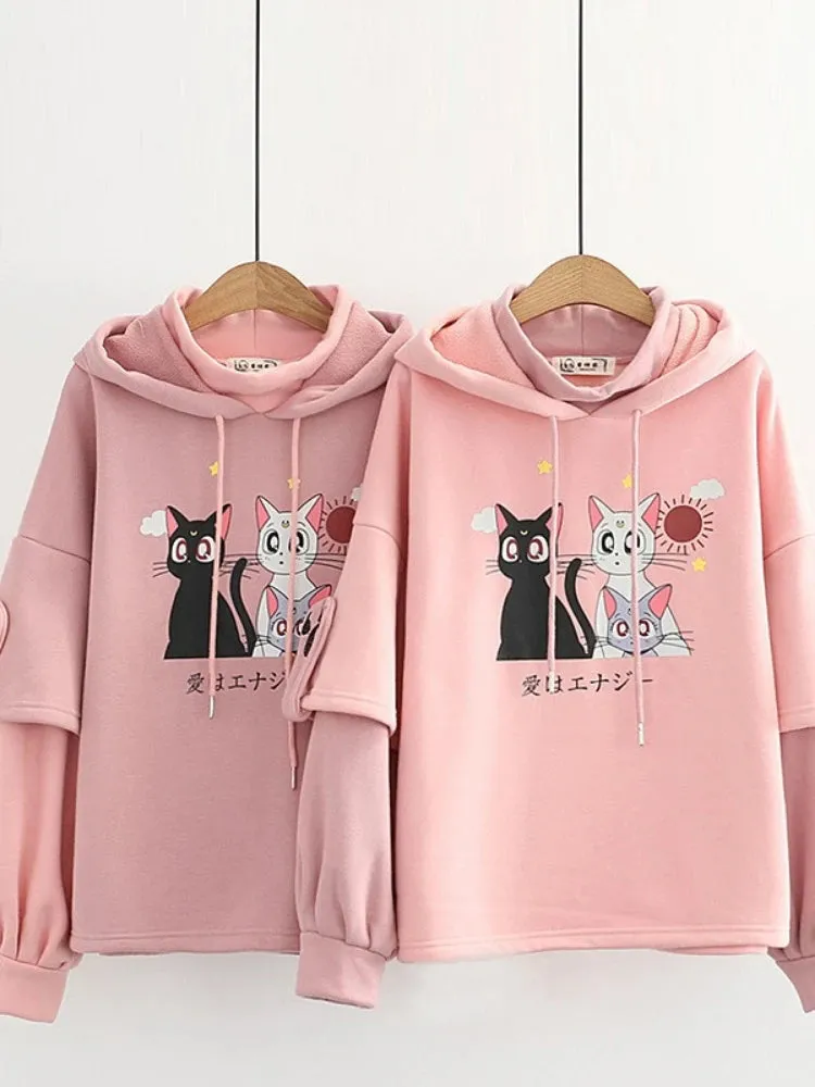 Fleece Pink Winter Hooded Sweatshirt Cartoon Cat Print Cute Hoodies Sweet Style Girl Long Sleeve Kawaii Harakuju Pullover Top