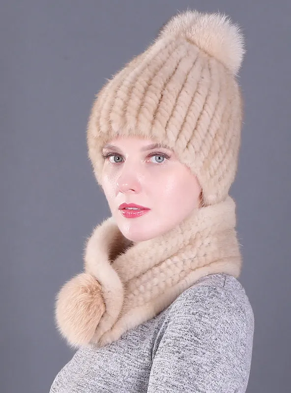 Fur Hat Female Mink Fur Fox Fur Ball Ear Hat Set