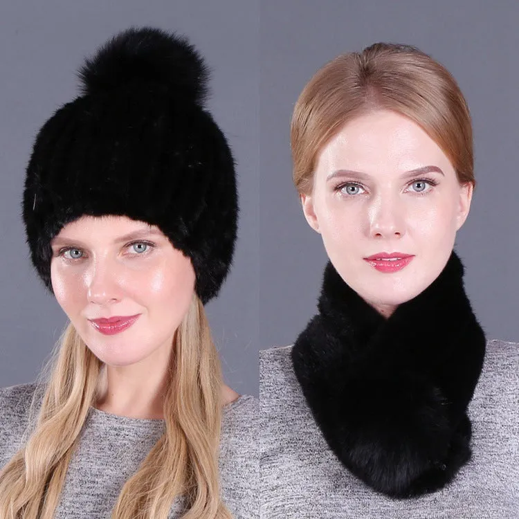 Fur Hat Female Mink Fur Fox Fur Ball Ear Hat Set