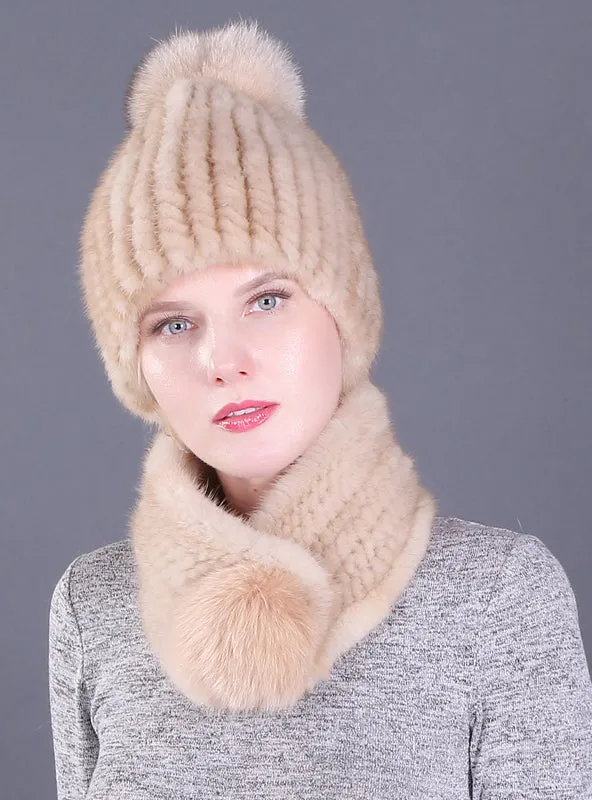 Fur Hat Female Mink Fur Fox Fur Ball Ear Hat Set