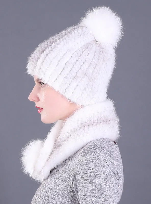 Fur Hat Female Mink Fur Fox Fur Ball Ear Hat Set