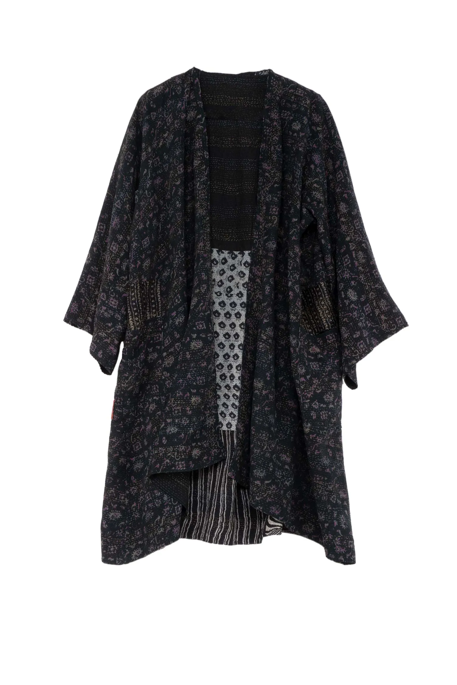 GEORGETTE VINTAGE SILK PATCH KANTHA KIMONO DUSTER - gs2317-blk -