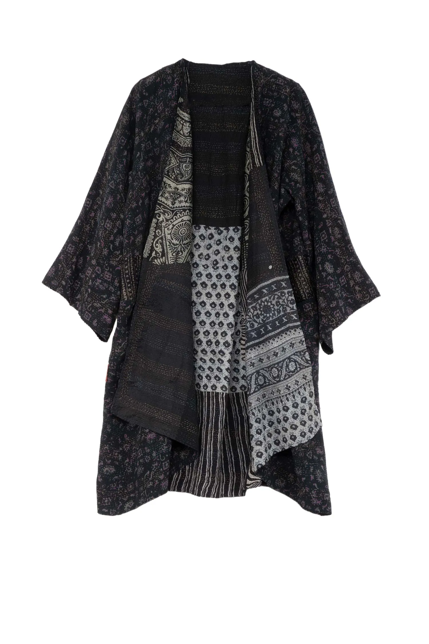 GEORGETTE VINTAGE SILK PATCH KANTHA KIMONO DUSTER - gs2317-blk -