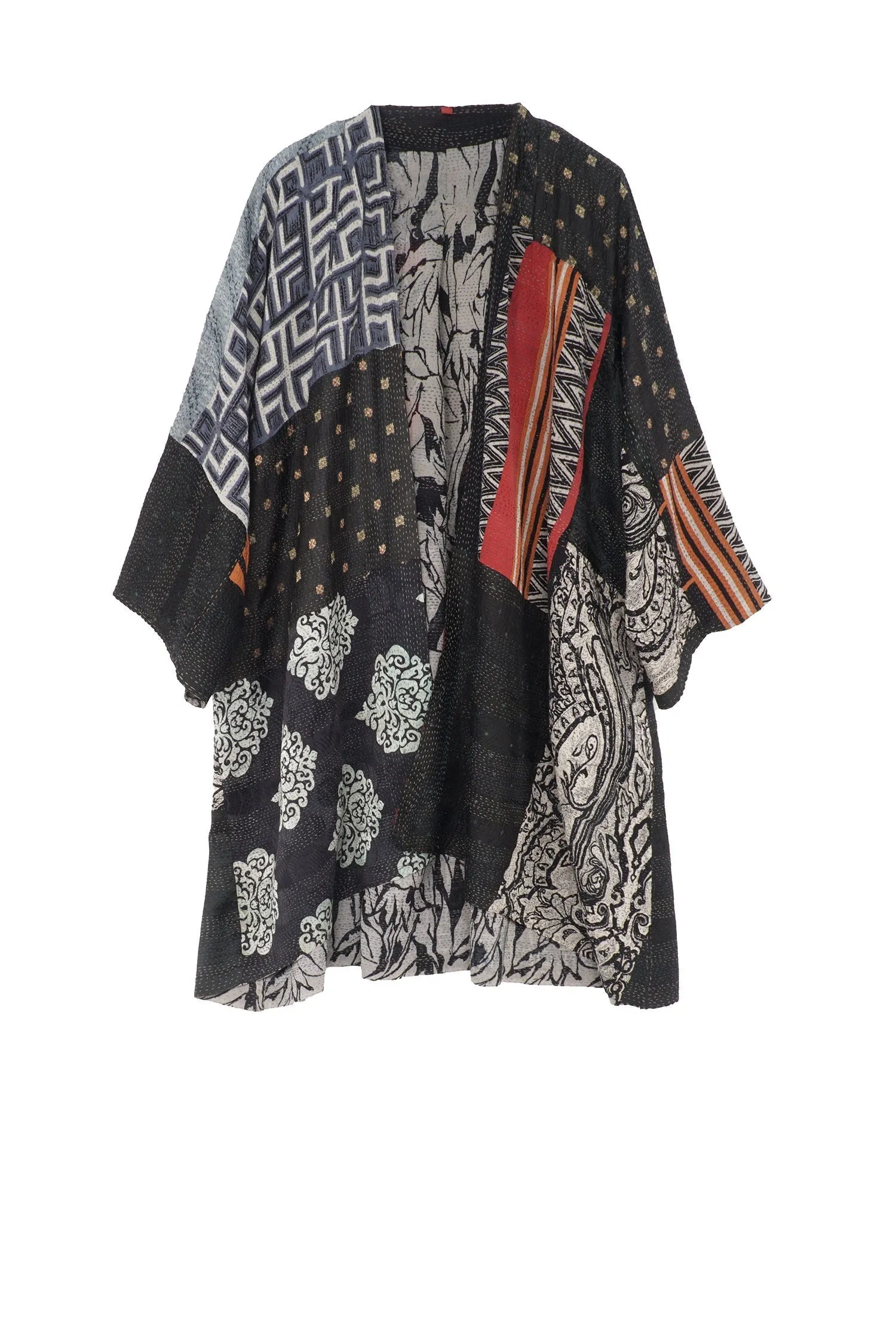 GEORGETTE VINTAGE SILK PATCH KANTHA KIMONO DUSTER - gs2317-blk -