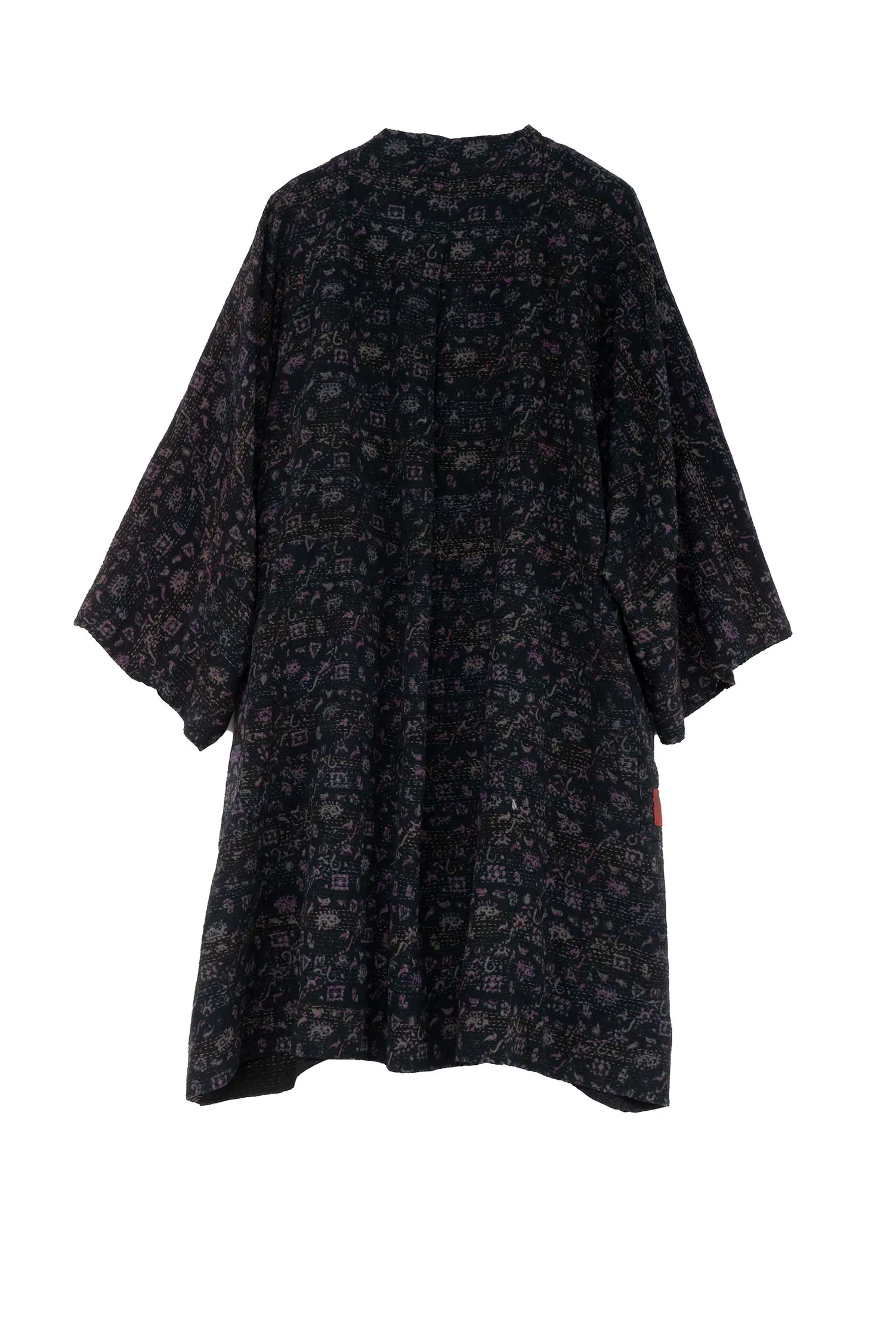 GEORGETTE VINTAGE SILK PATCH KANTHA KIMONO DUSTER - gs2317-blk -