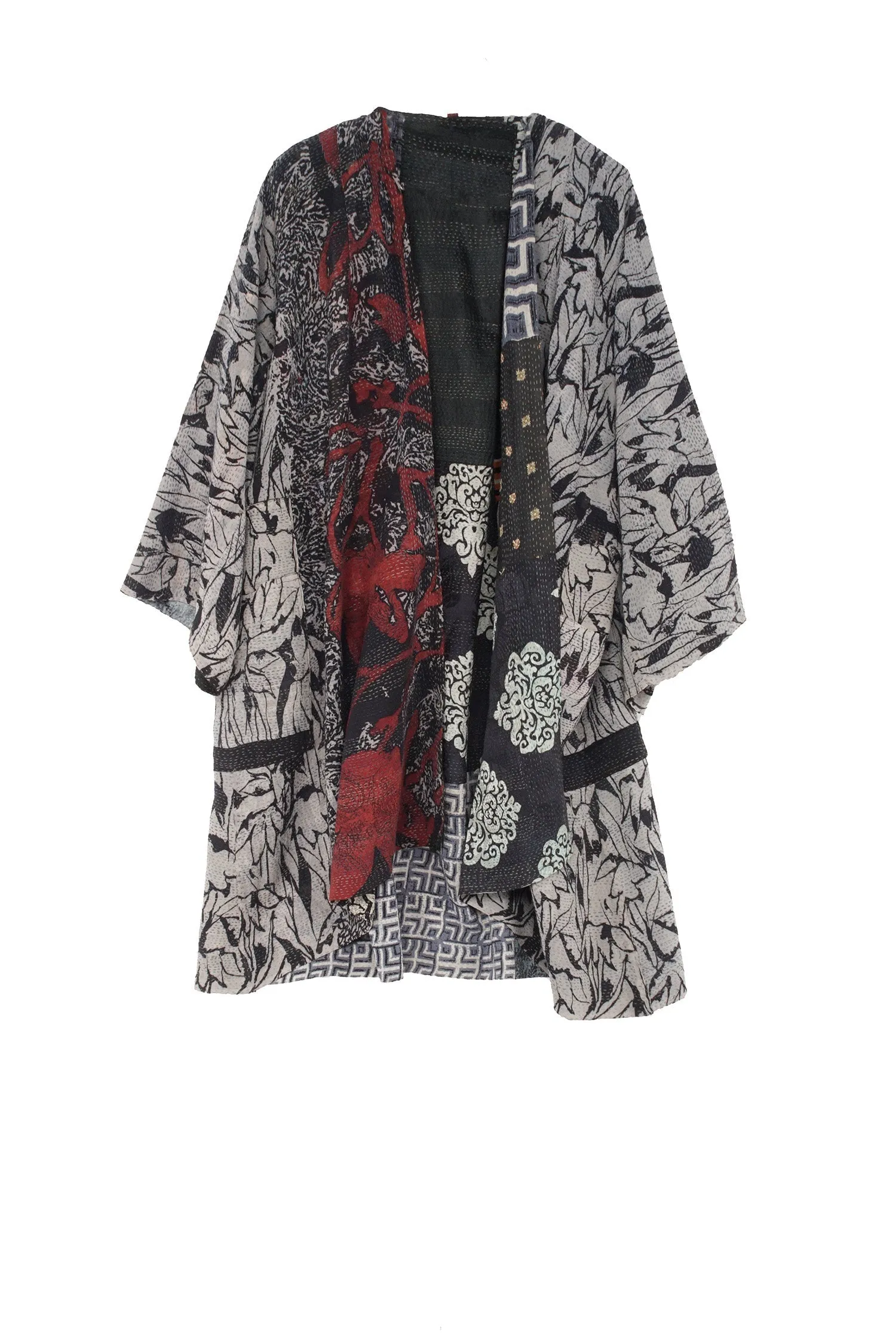 GEORGETTE VINTAGE SILK PATCH KANTHA KIMONO DUSTER - gs2317-blk -