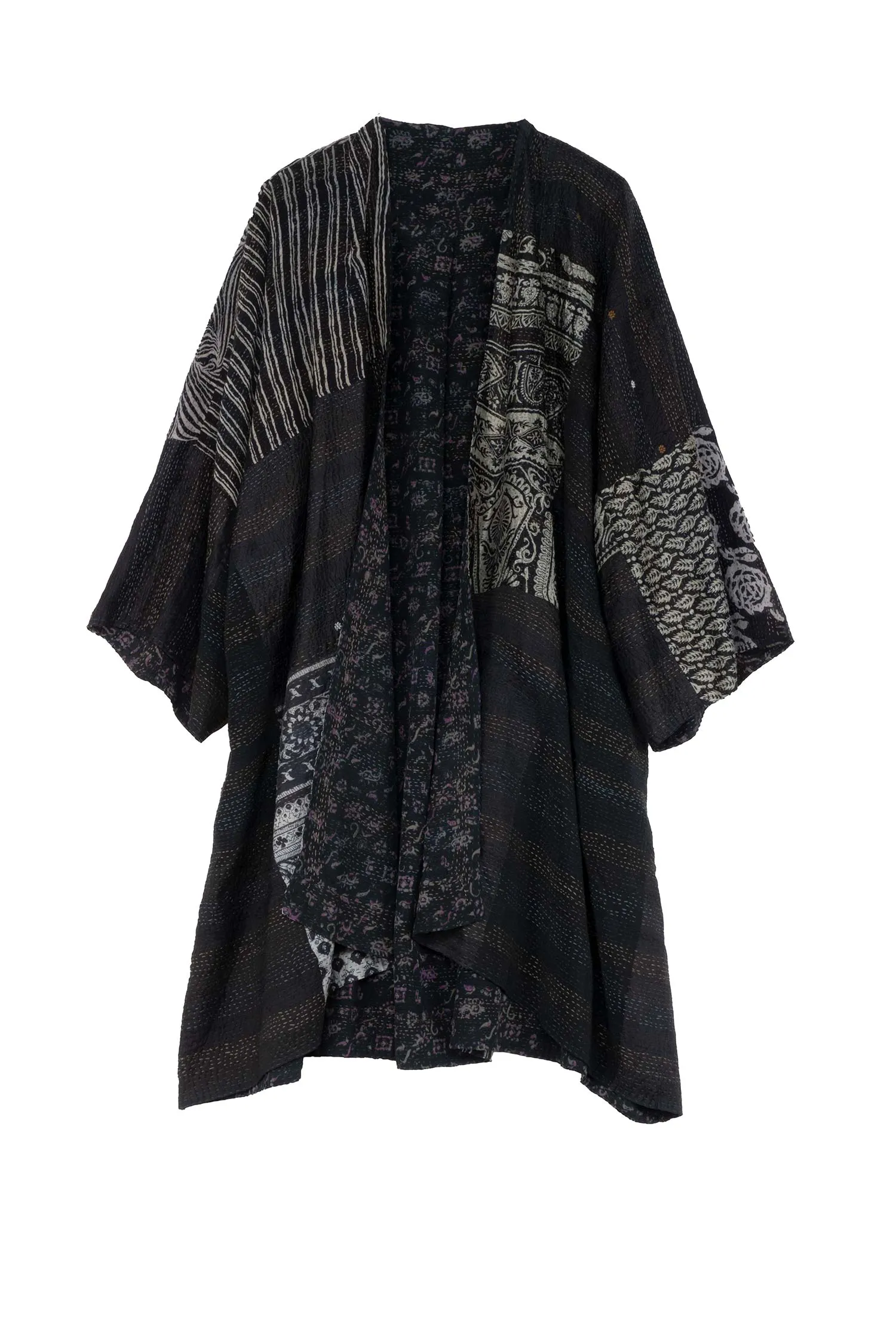 GEORGETTE VINTAGE SILK PATCH KANTHA KIMONO DUSTER - gs2317-blk -