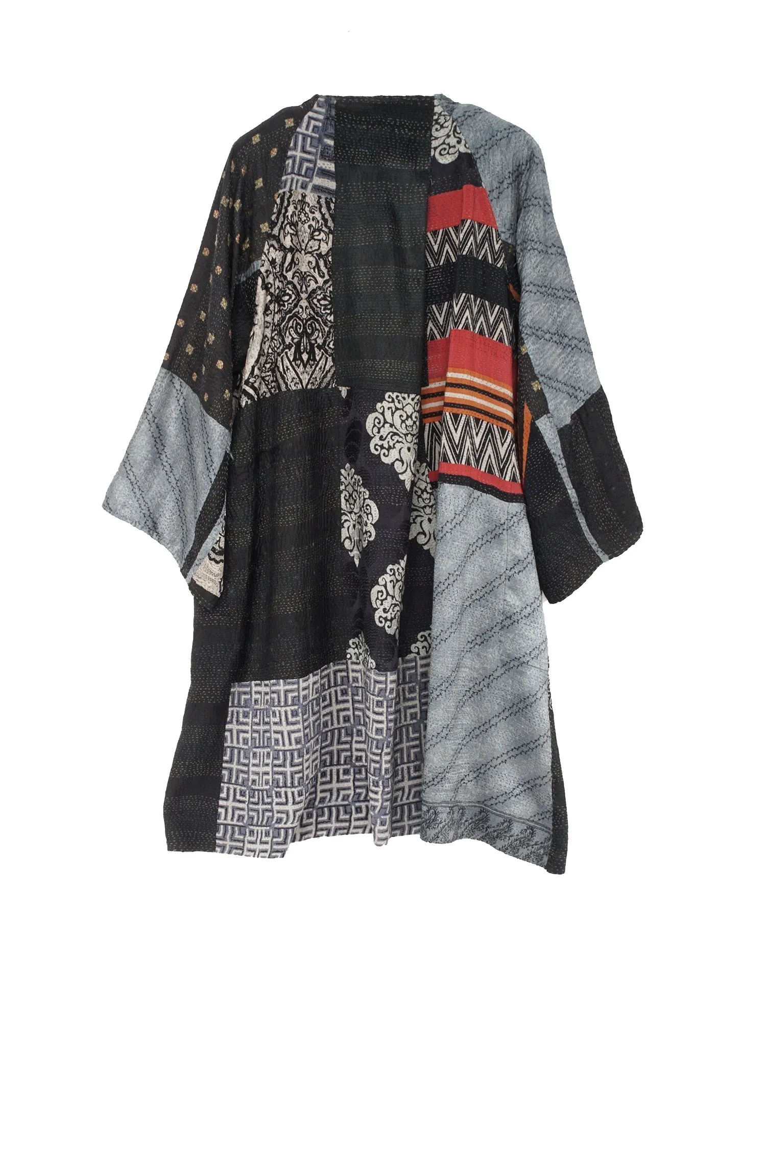 GEORGETTE VINTAGE SILK PATCH KANTHA KIMONO DUSTER - gs2317-blk -