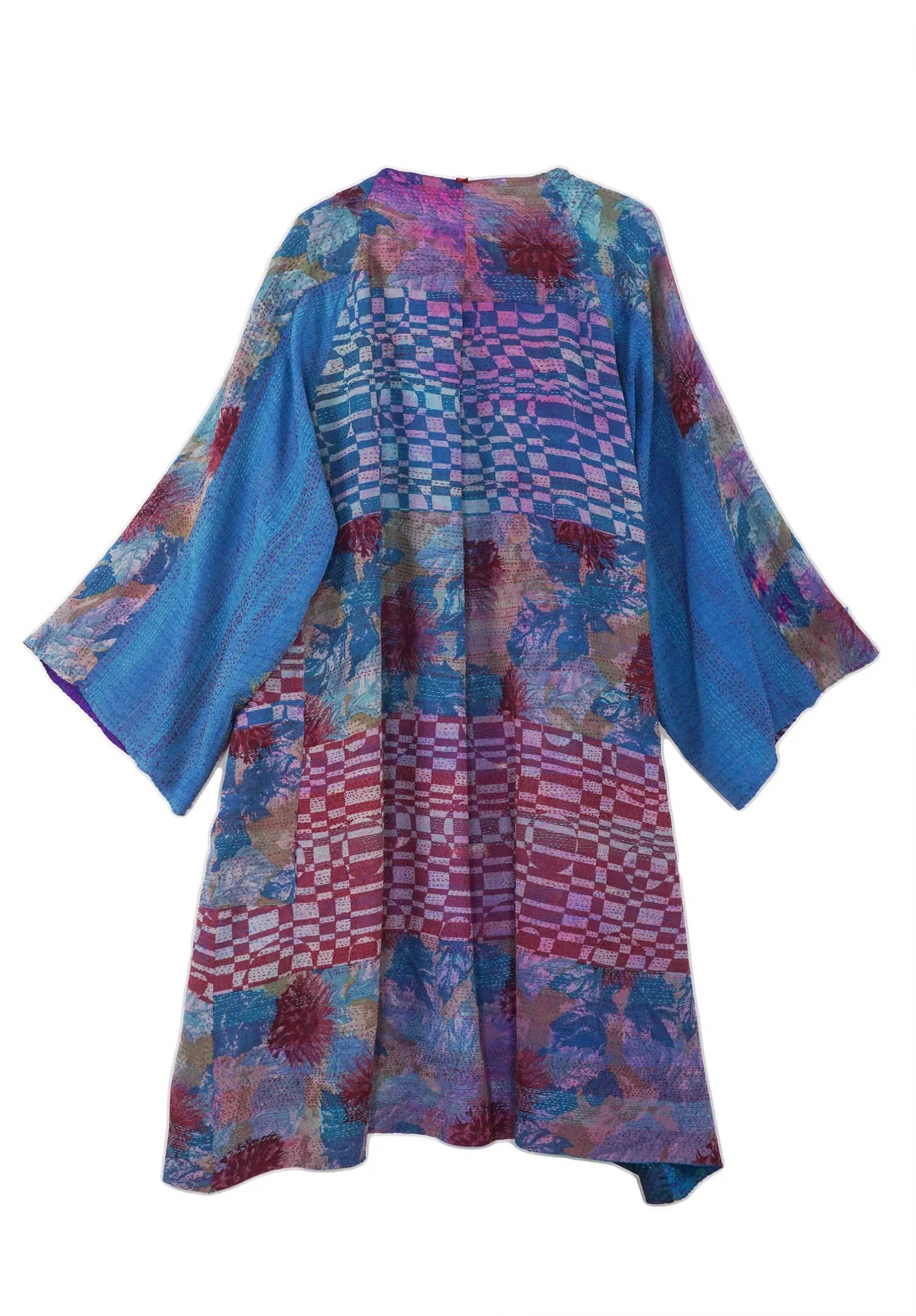 GEORGETTE VINTAGE SILK PATCH KANTHA KIMONO DUSTER - gs2317-blu -