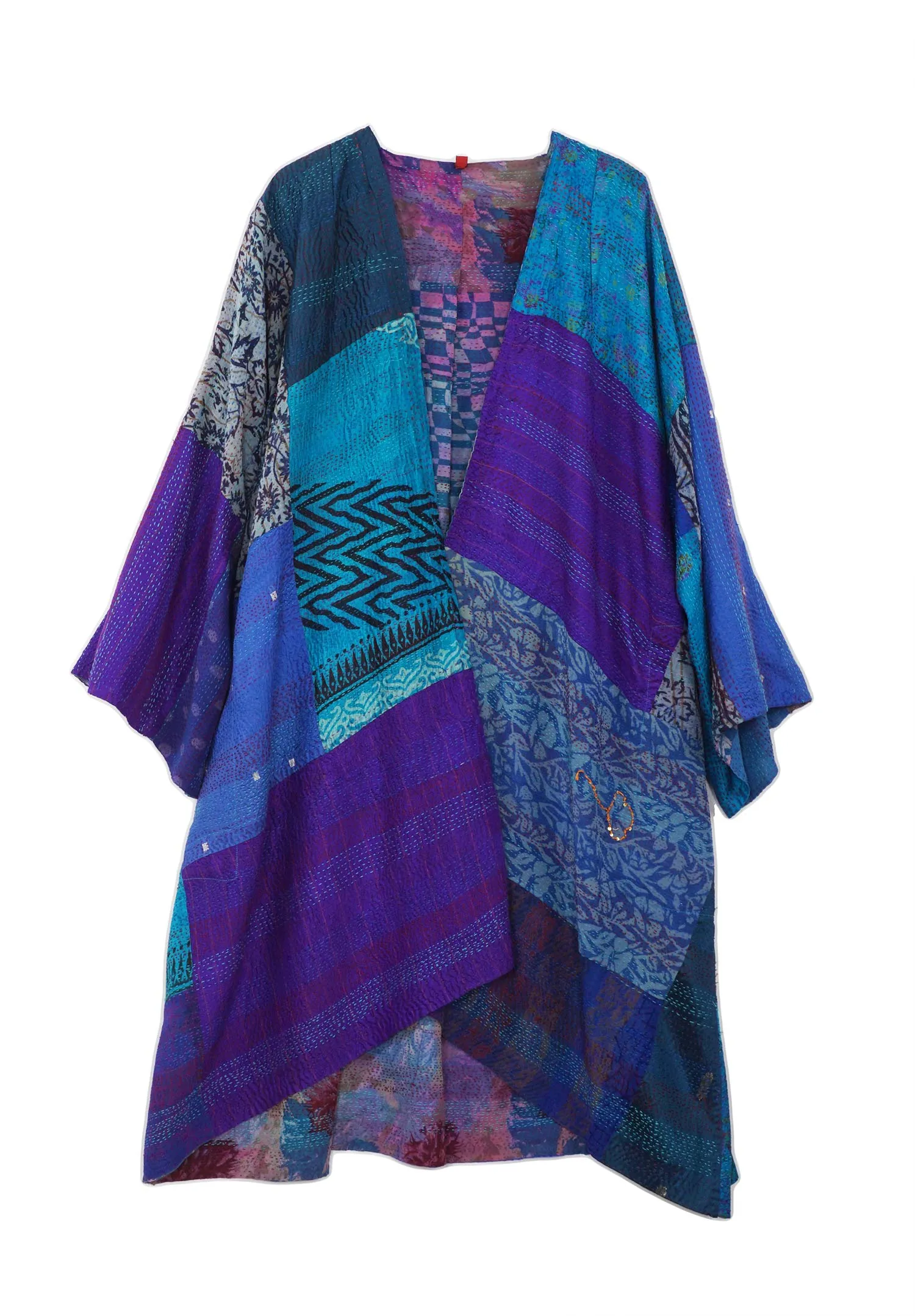 GEORGETTE VINTAGE SILK PATCH KANTHA KIMONO DUSTER - gs2317-blu -