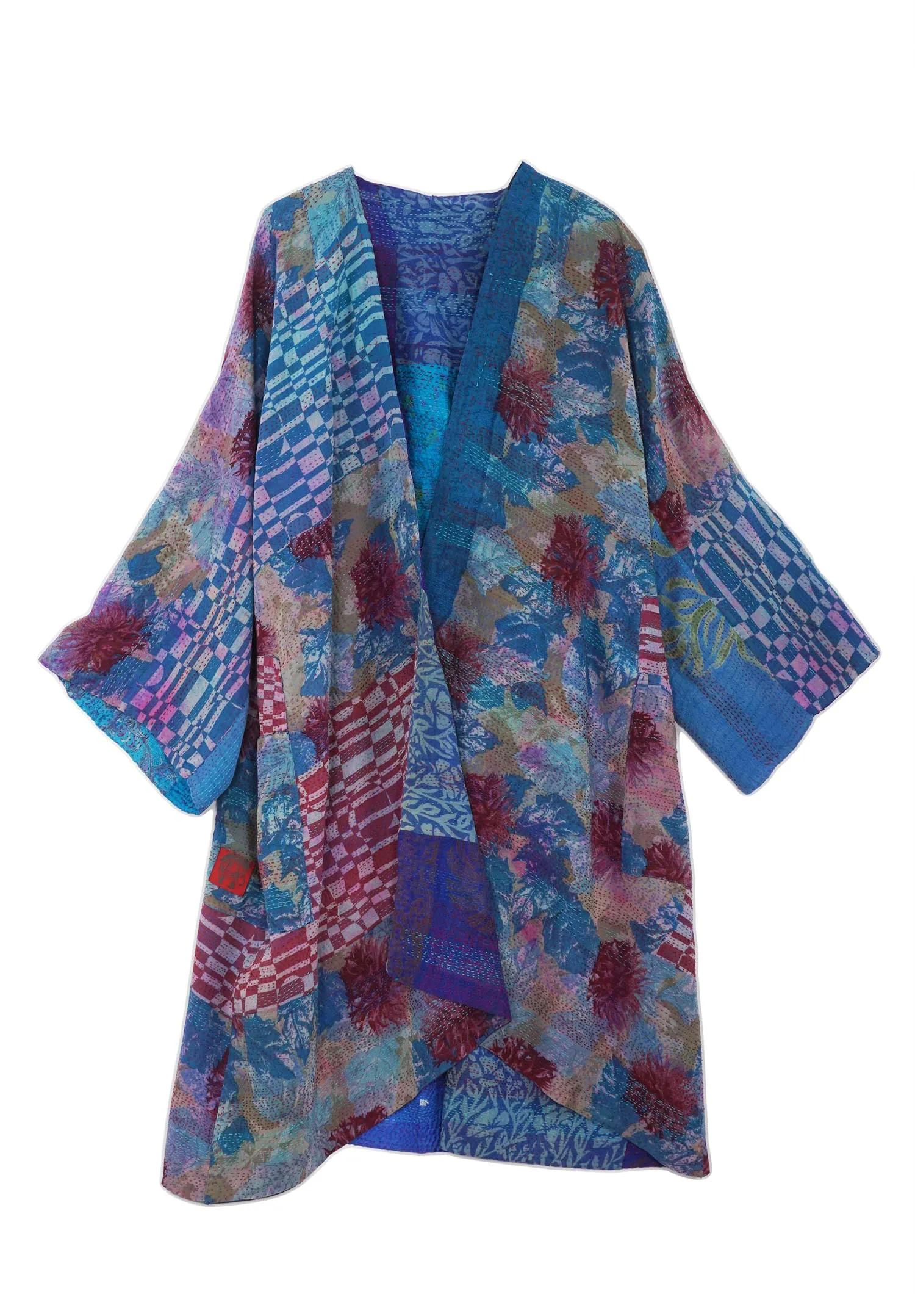 GEORGETTE VINTAGE SILK PATCH KANTHA KIMONO DUSTER - gs2317-blu -