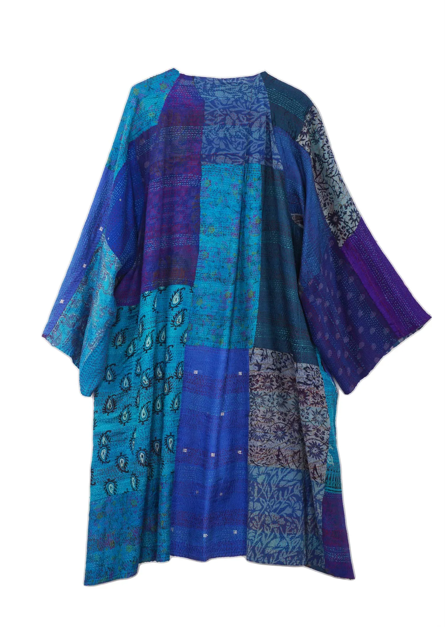 GEORGETTE VINTAGE SILK PATCH KANTHA KIMONO DUSTER - gs2317-blu -