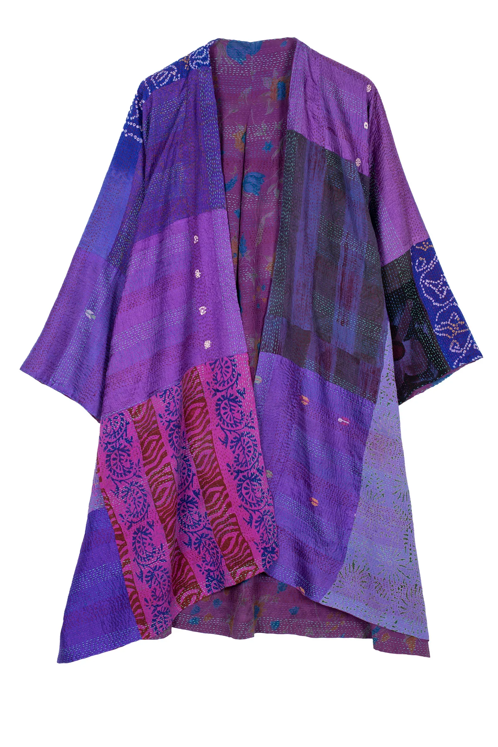 GEORGETTE VINTAGE SILK PATCH KANTHA KIMONO DUSTER - gs2317-prp -