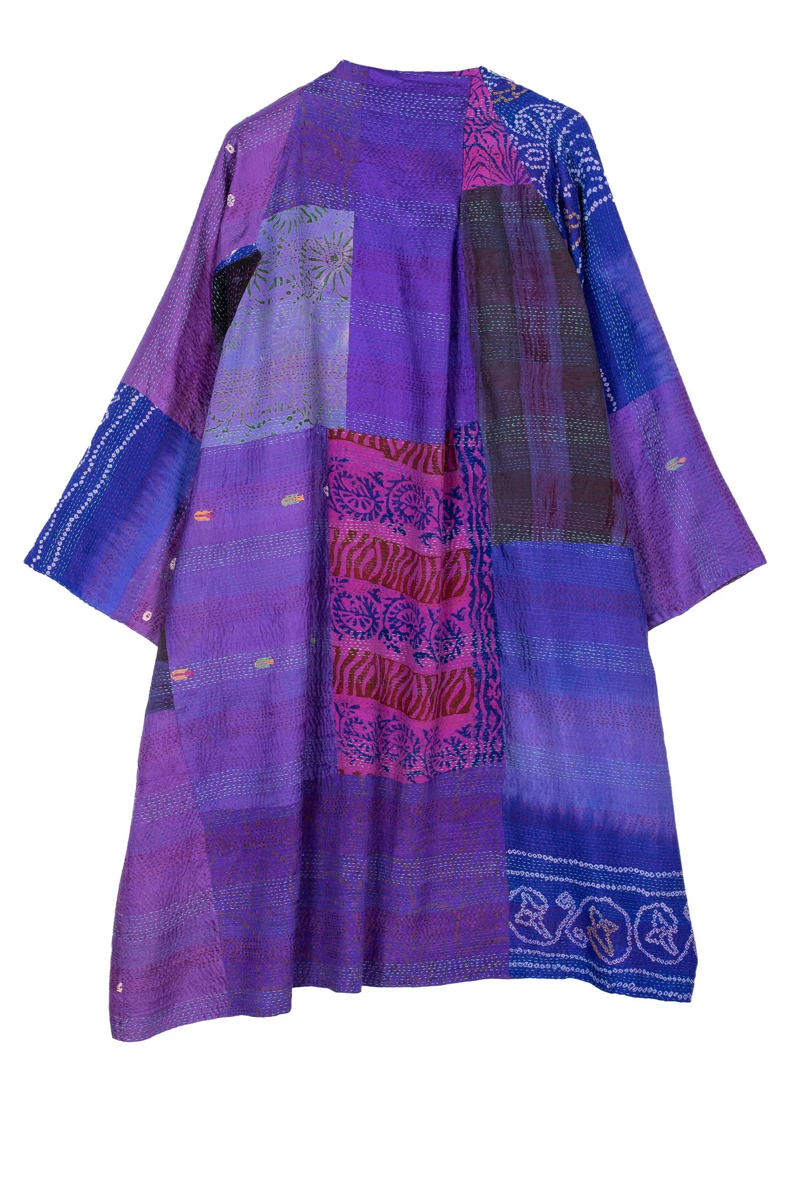 GEORGETTE VINTAGE SILK PATCH KANTHA KIMONO DUSTER - gs2317-prp -