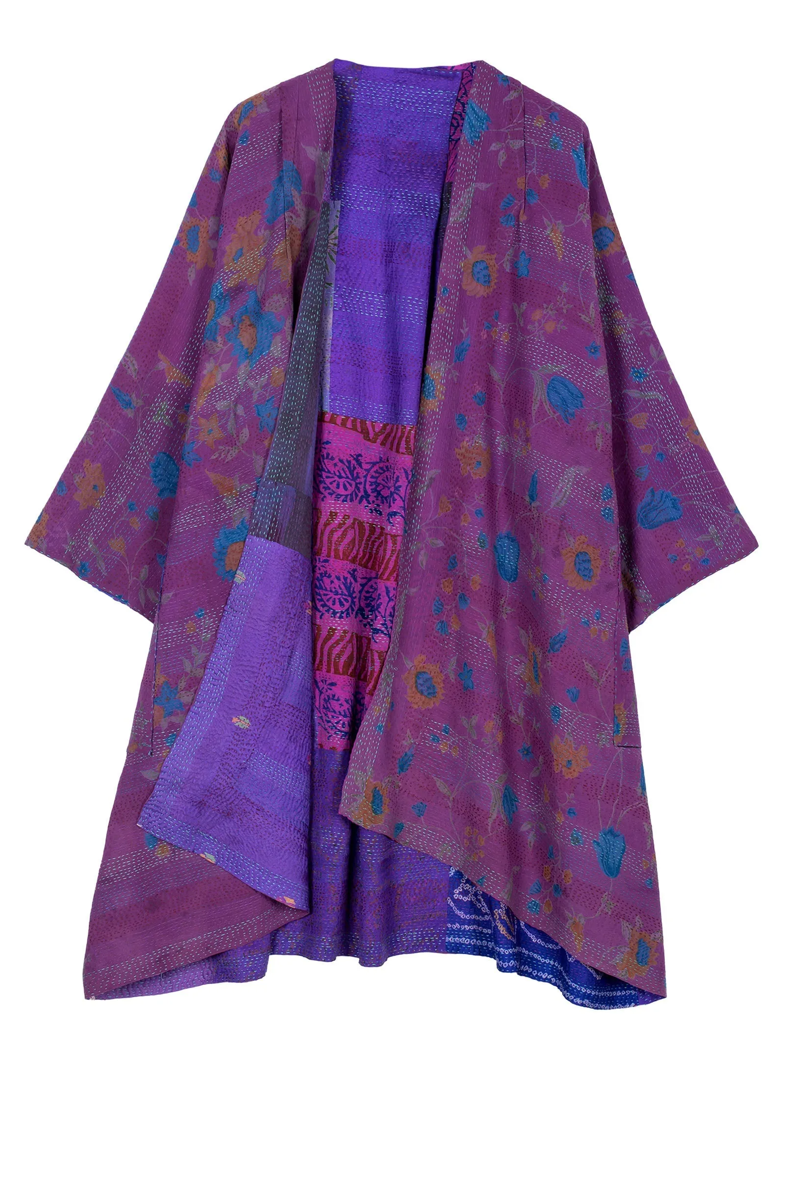 GEORGETTE VINTAGE SILK PATCH KANTHA KIMONO DUSTER - gs2317-prp -