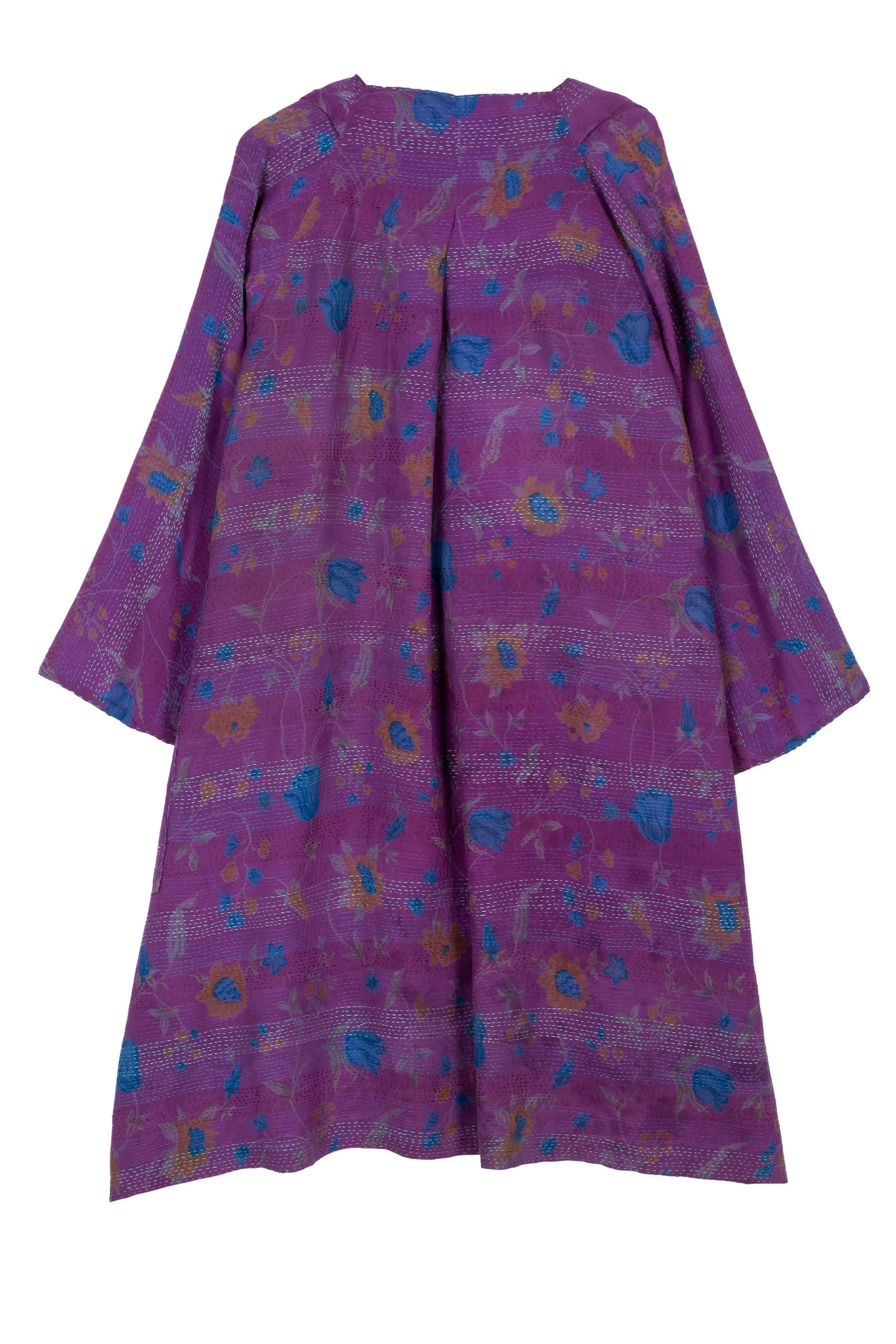 GEORGETTE VINTAGE SILK PATCH KANTHA KIMONO DUSTER - gs2317-prp -