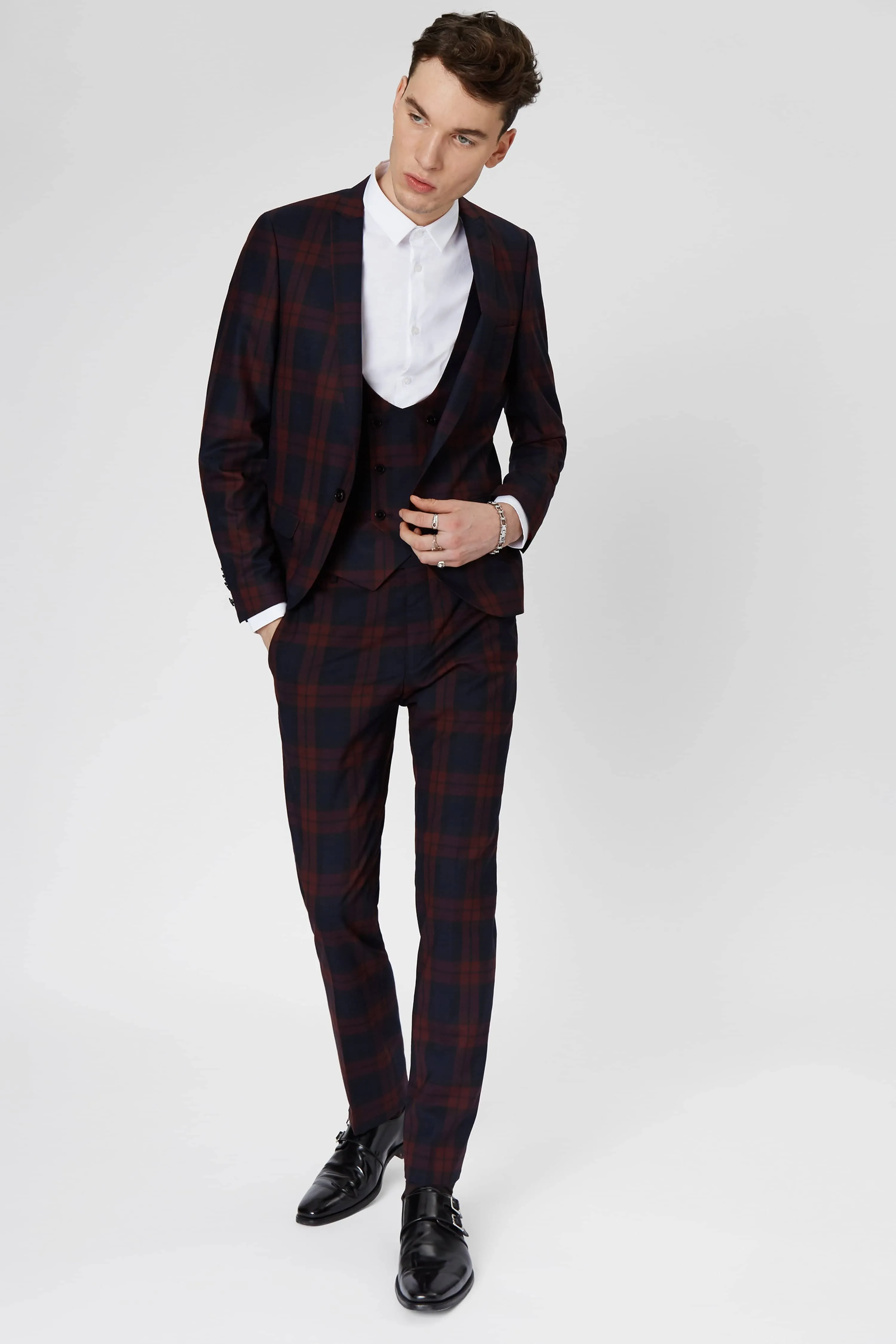 Ginger Skinny Fit Burgundy Tartan Waistcoat