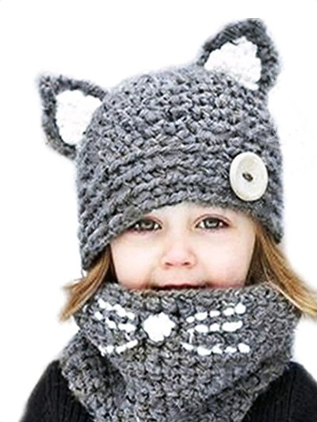 Girls Fall Knitted Cat Ear Hat with Whisker Neck Scarf