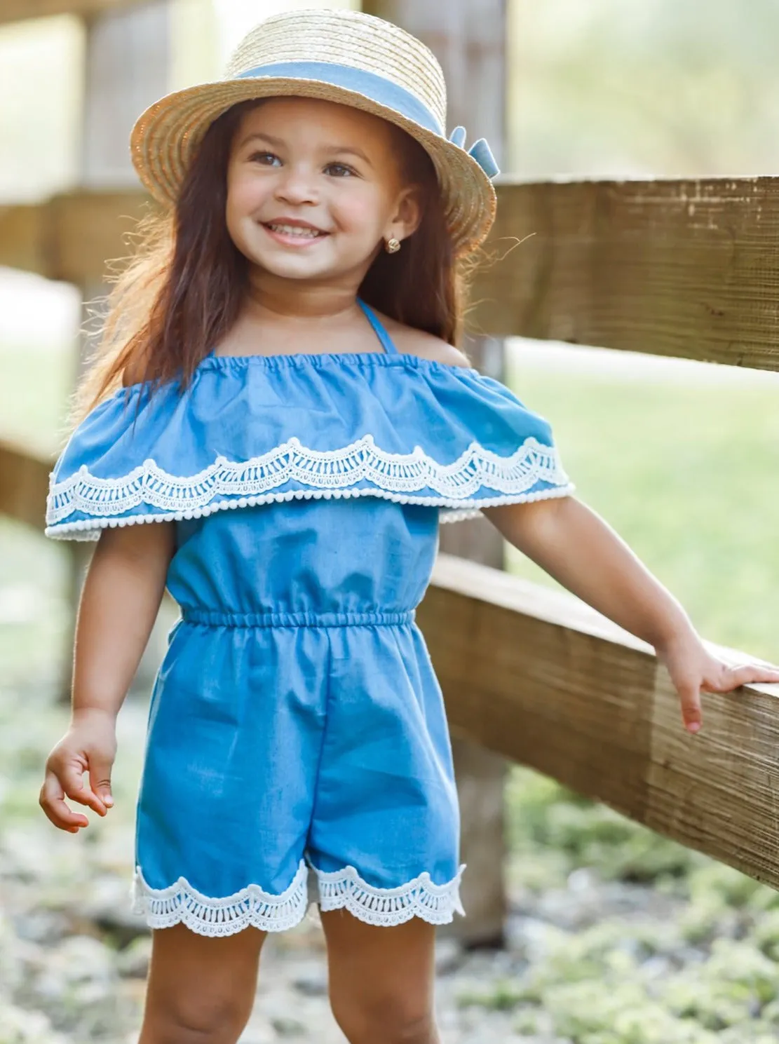 Girls Lace Chambray Cold Shoulder Ruffle Romper