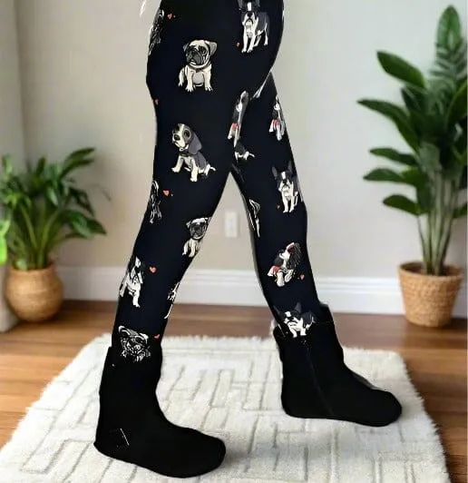 Girls Multi-Breed Dog Leggings, Kids Yoga Pants,  Sizes S/L, No-Roll Waist, Black/White