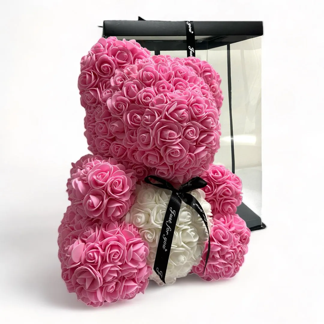 Gorgeous Pink Rose Teddy Bear Hugging Heart with LED Light and Gift Box - 40cm