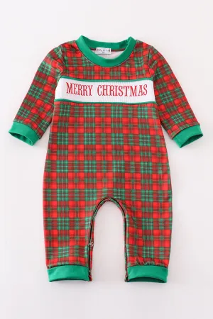 Green merry christmas embroidery boy romper