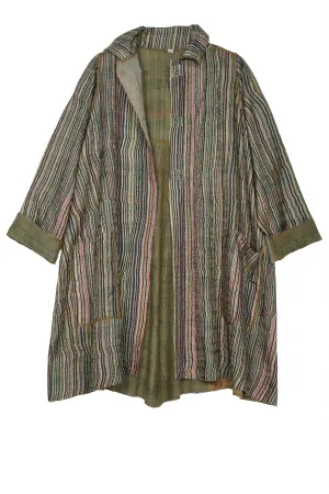 GREEN STRIPE W VINTAGE BACKING KANTHA A-LINE DUSTER - gt2311-grn -